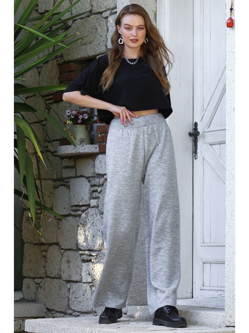 Gri Örme Boru Paça Yün Pantolon-4