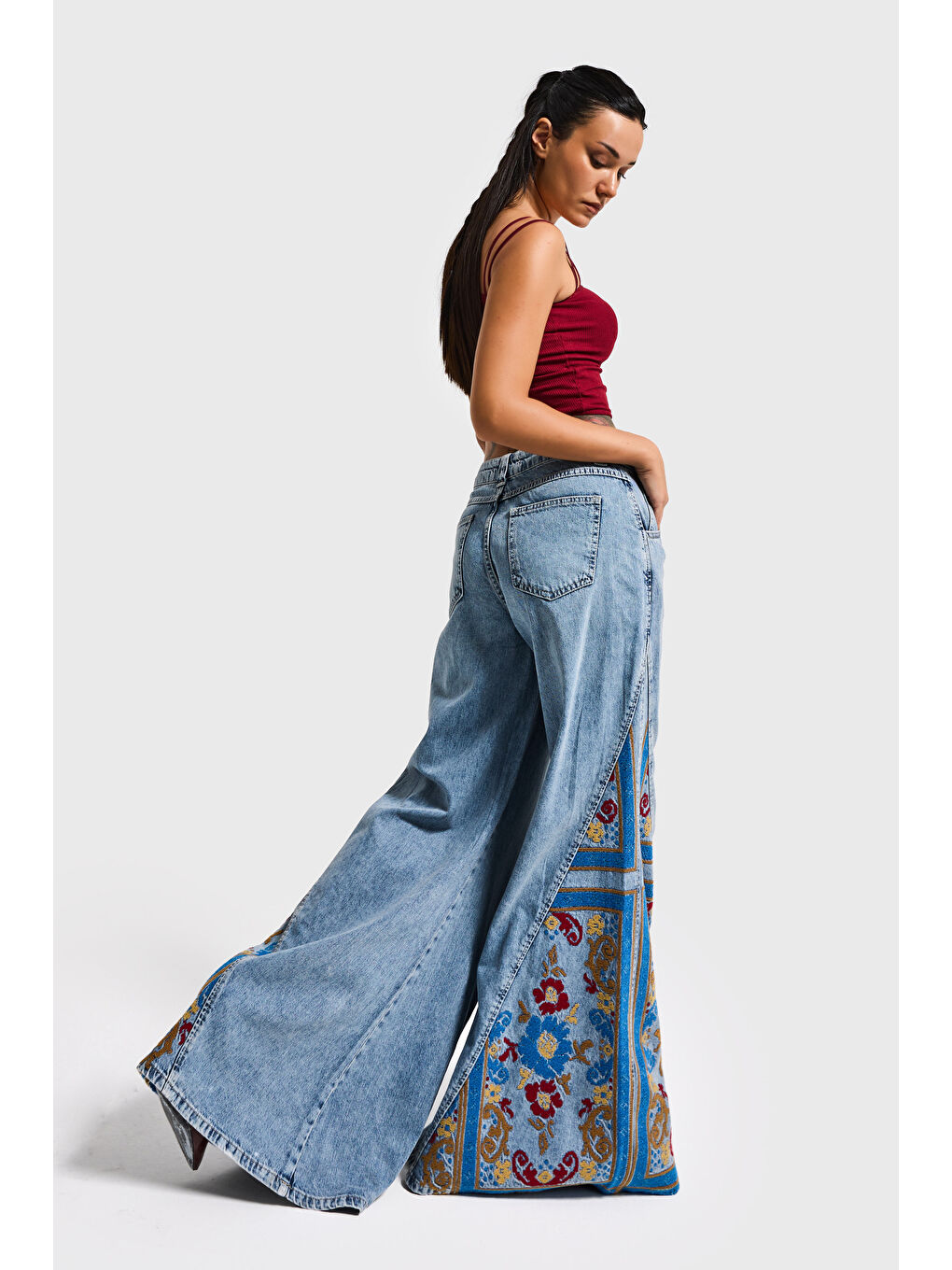 Mavi Kadın Jean Rengi 4s6-32 Palazzo Fit Özel Desen Nakışlı Tasarım Denim Jean-3