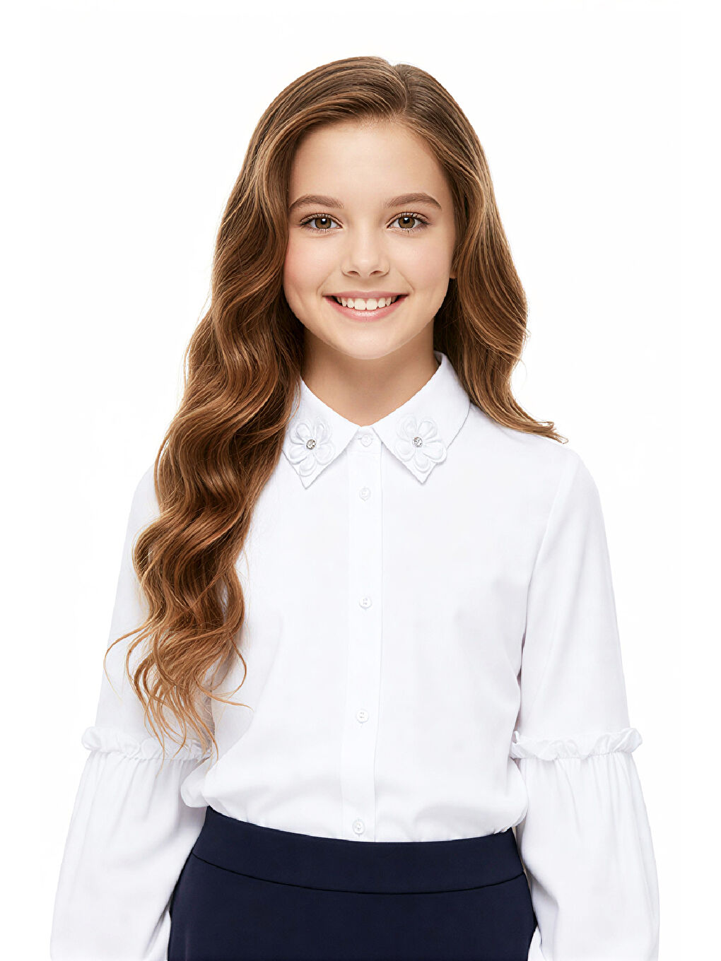 Beyaz Kız Çocuk Yaka ve Kol Süsleme Detaylı Gömlek Yaş 12532-1