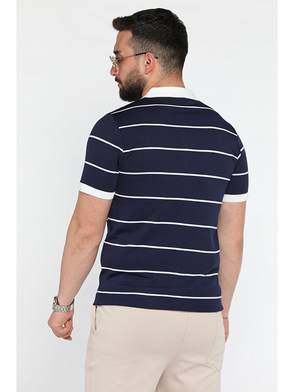 Lacivert Erkek Polo Yaka Yarım Fermuarlı Çizgi Desenli Triko Tişört-2