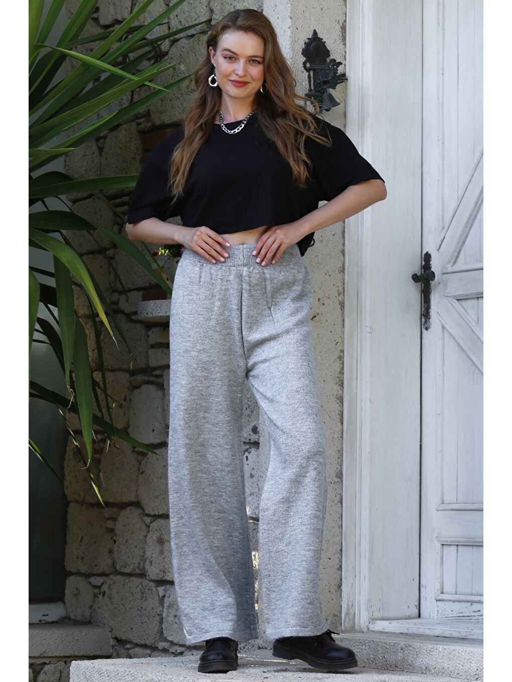 Gri Örme Boru Paça Yün Pantolon-5