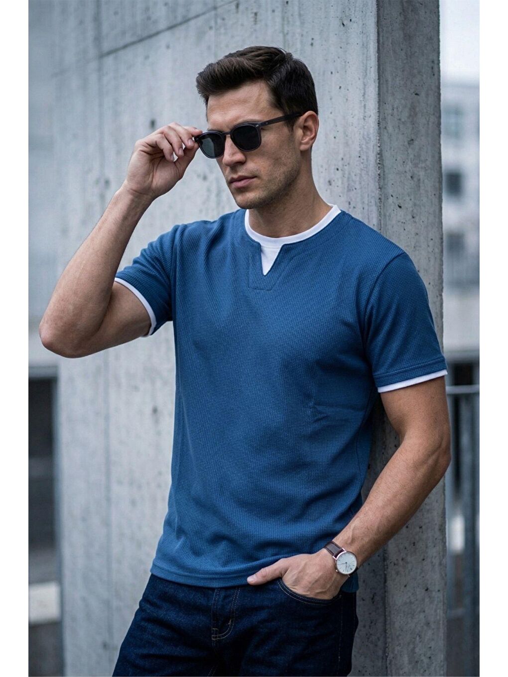 Mavi Prey Vaffle Dokulu Çift Yaka Görünümlü Slim Fit Erkek Tişört