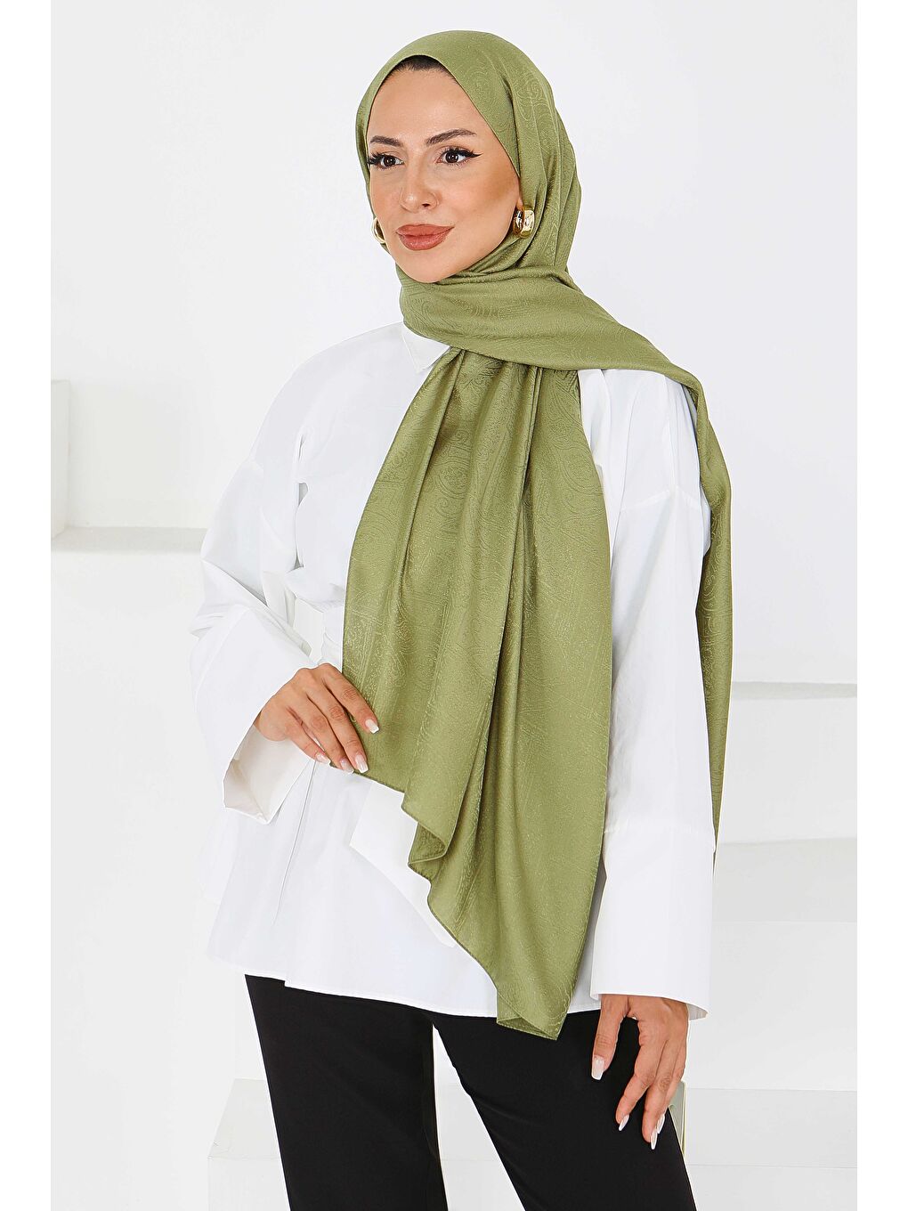 Etnik Monagram Şal Haki - 27592-1