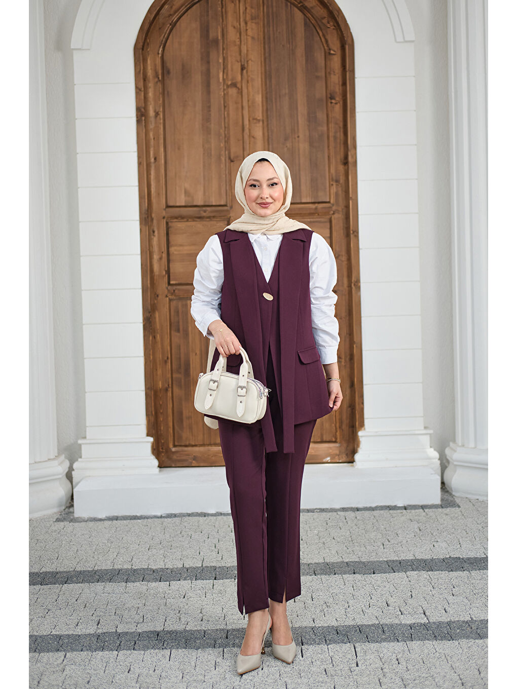 Kadın Gold Düğme Detaylı Yelekli Takım Mürdüm-3