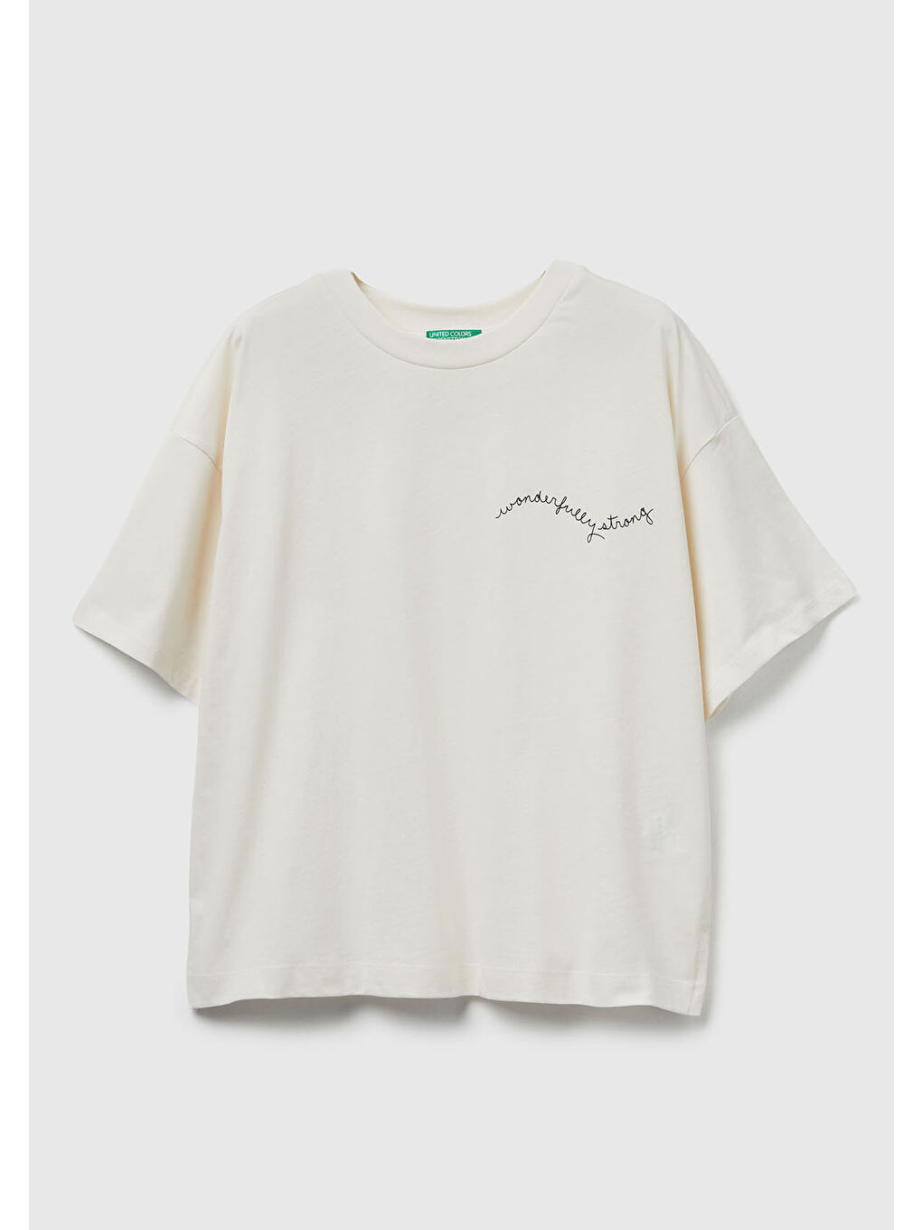 Ekru Kadın Krem %100 Pamuk Göğsü Yazı Baskılı Bisiklet Yaka T-Shirt-1