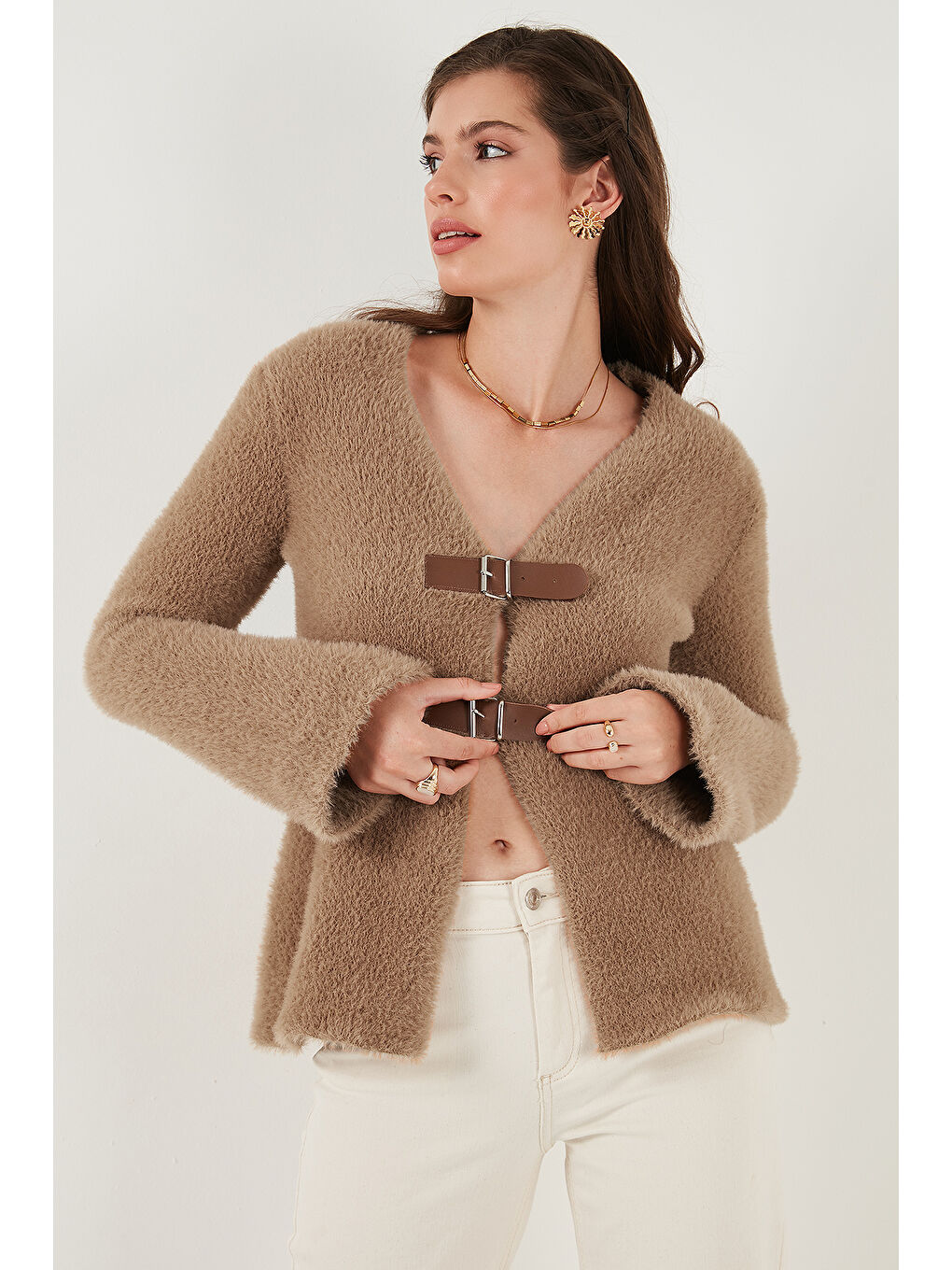 Bej Premium Regular Fit V Yaka Çift Kemerli Pelüş Hırka 680HI00112-3