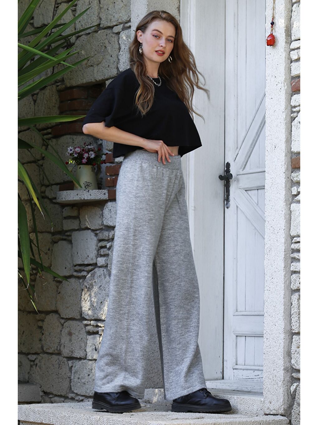 Gri Örme Boru Paça Yün Pantolon-6