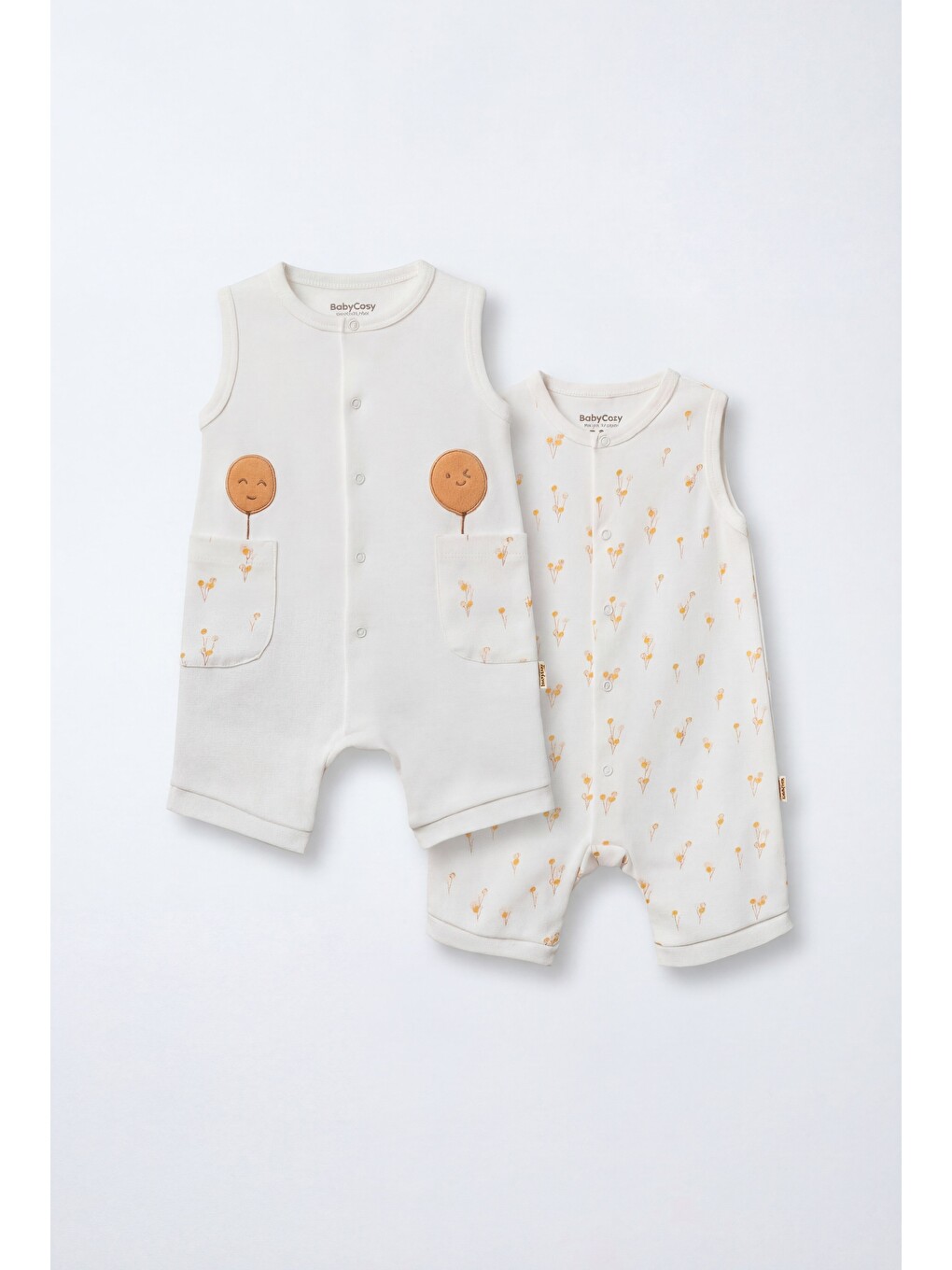 Karışık Unisex Bebek Pamuklu Ekru 2'Li Kolsuz Tulum Seti - Desenli Ve Cepli