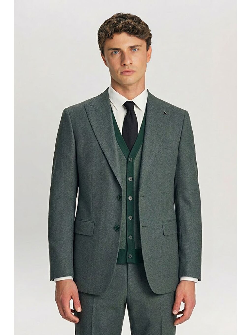 Giotelli Yeşil Triko Yelekli Sivri Yaka 6 Drop Düğmeli Tam Astarlı Erkek Takım Elbise