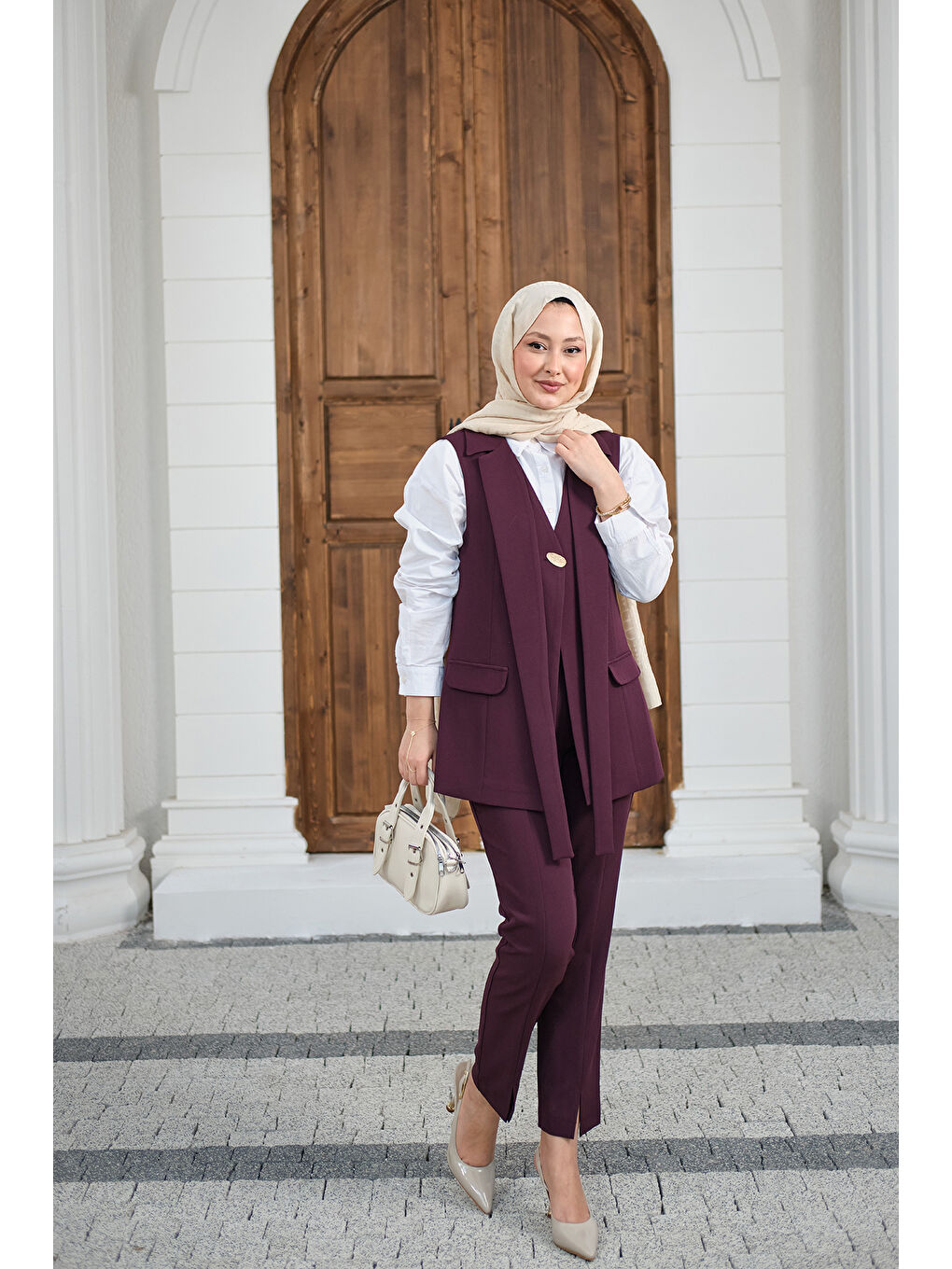 Kadın Gold Düğme Detaylı Yelekli Takım Mürdüm-4