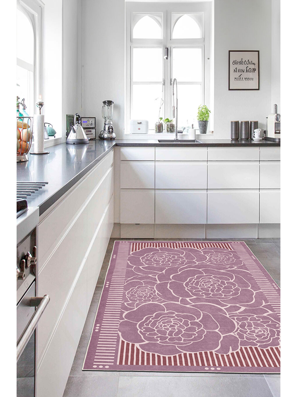 Pembe Dekoratif Salon Halısı, Makinada Yıkanabilir, Kaymaz Taban, İnce & Modern Tasarım-4