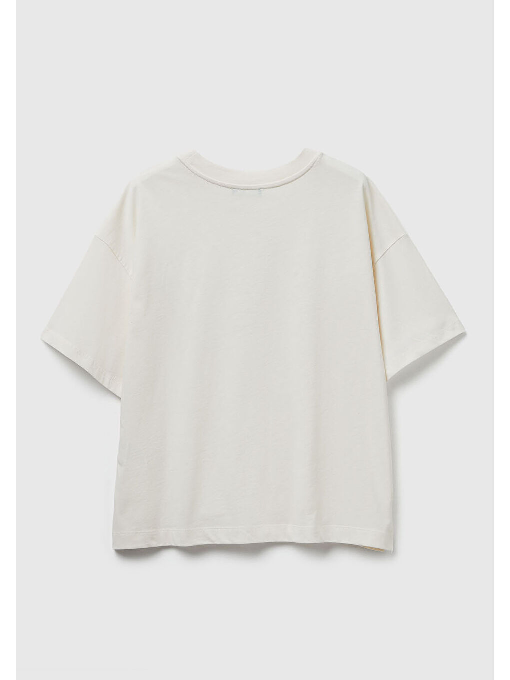 Ekru Kadın Krem %100 Pamuk Göğsü Yazı Baskılı Bisiklet Yaka T-Shirt-3