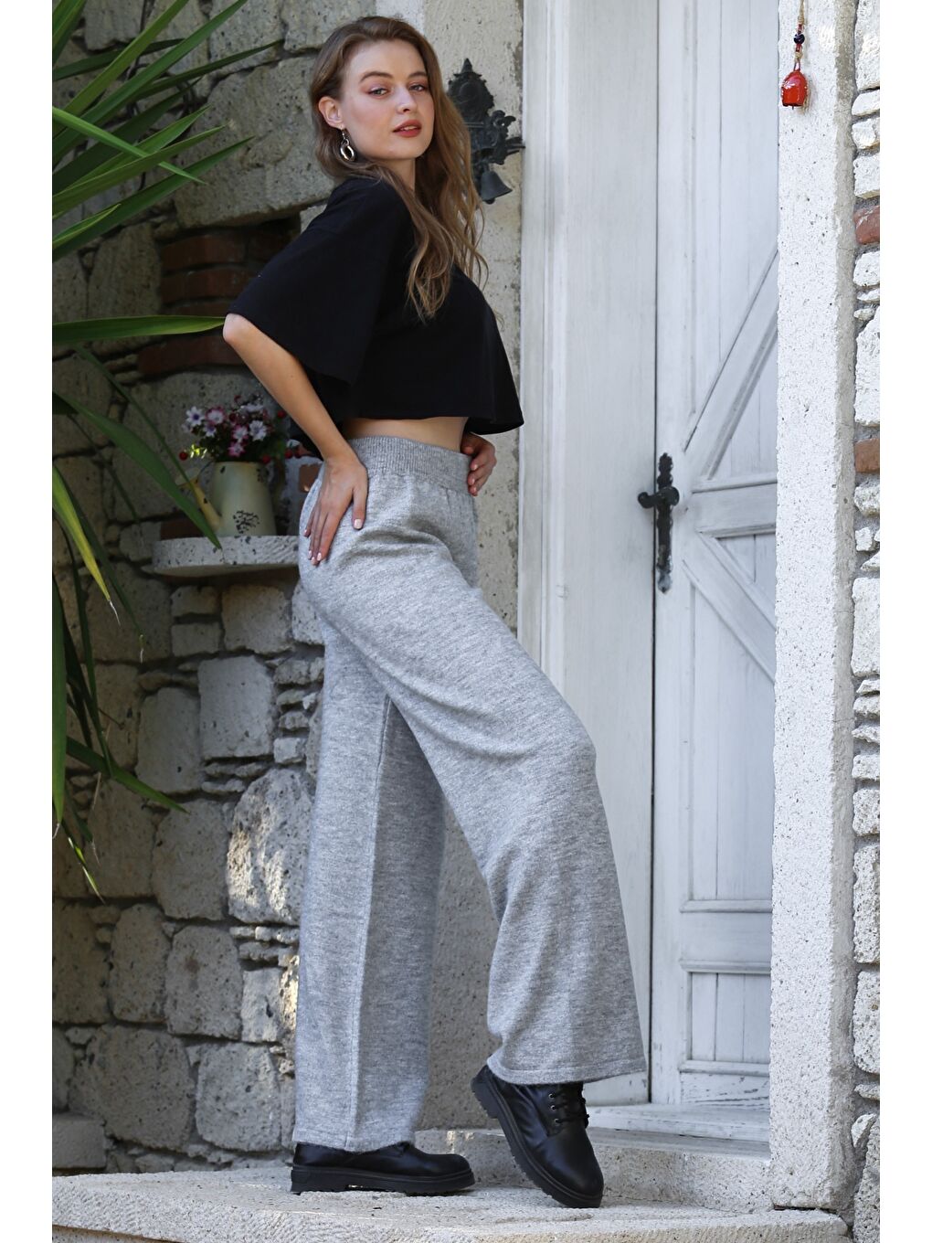 Gri Örme Boru Paça Yün Pantolon-7