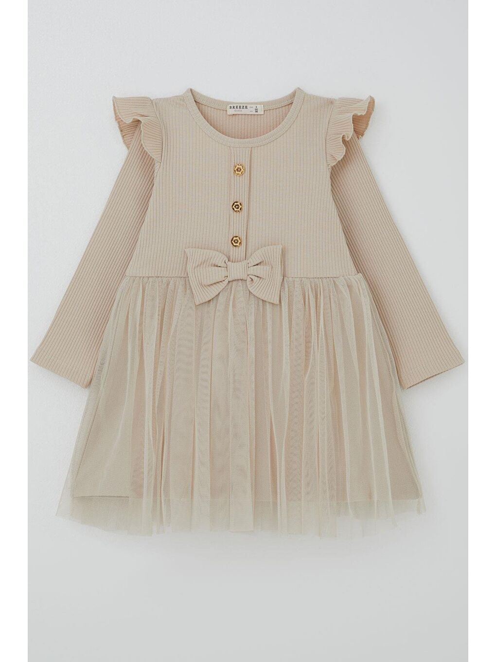 Kız Çocuk Uzun Kollu Elbise Omzu Fırfır Detaylı Fiyonklu Bej (3-8 Yaş)