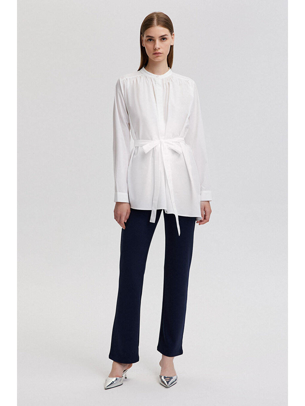 Ekru Belden Bağlamalı Gömlek-1