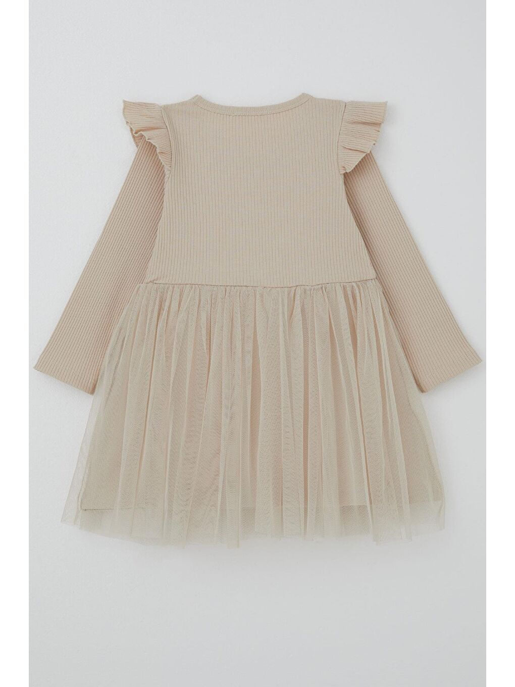 Kız Çocuk Uzun Kollu Elbise Omzu Fırfır Detaylı Fiyonklu Bej (3-8 Yaş)-1