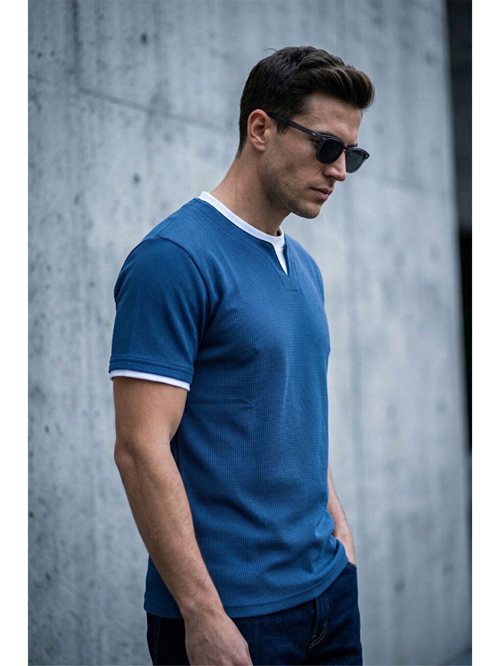 Mavi Prey Vaffle Dokulu Çift Yaka Görünümlü Slim Fit Erkek Tişört-2