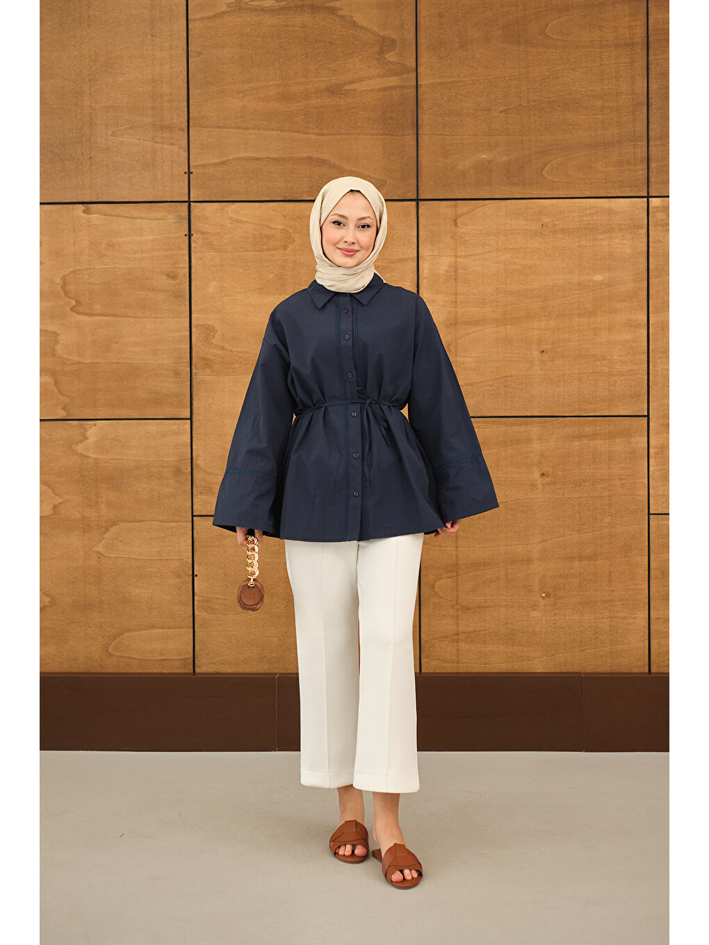 Kadın Dantel Detay Bel Bağlamalı Gömlek Lacivert-1