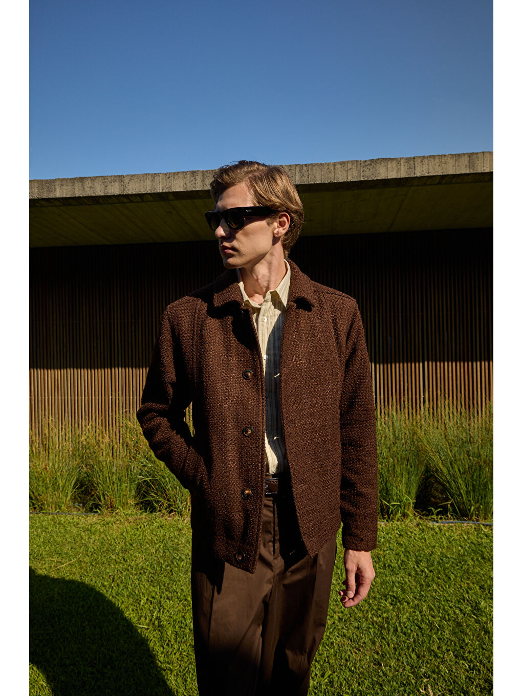 Erkek Tasarım Kumaş Teknik Mont Ceket Kahverengi-1