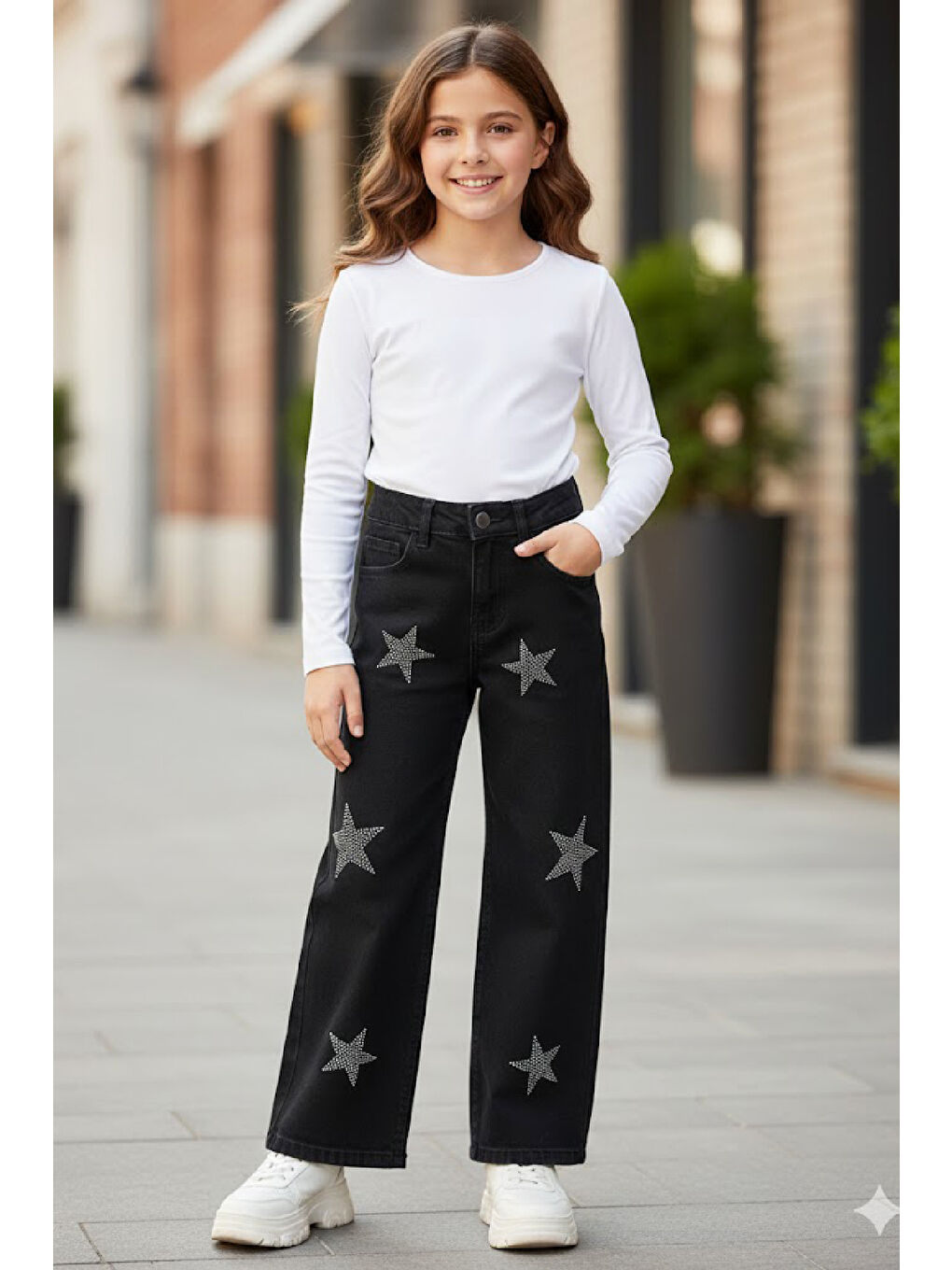 Siyah Kız Çocuk Esnek Belli Elastanlı Geniş Kesim Jean Pantolon 6-14 Yaş 12369