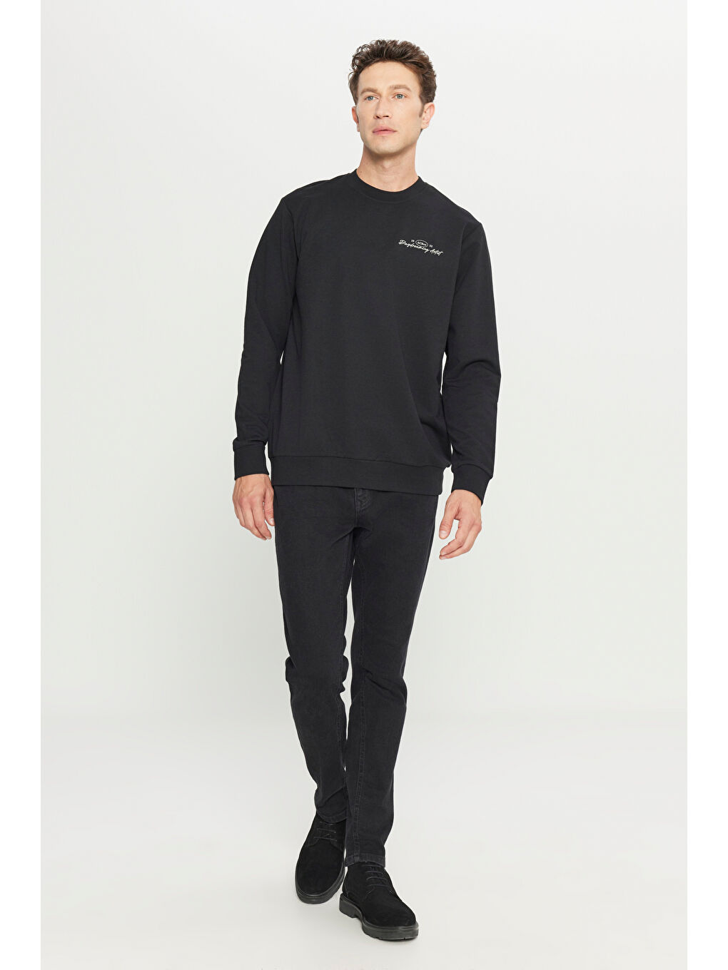 Erkek Siyah 2 İplik Pamuklu Standart Fit Normal Kesim Rahat Bisiklet Yaka Sweatshirt-2