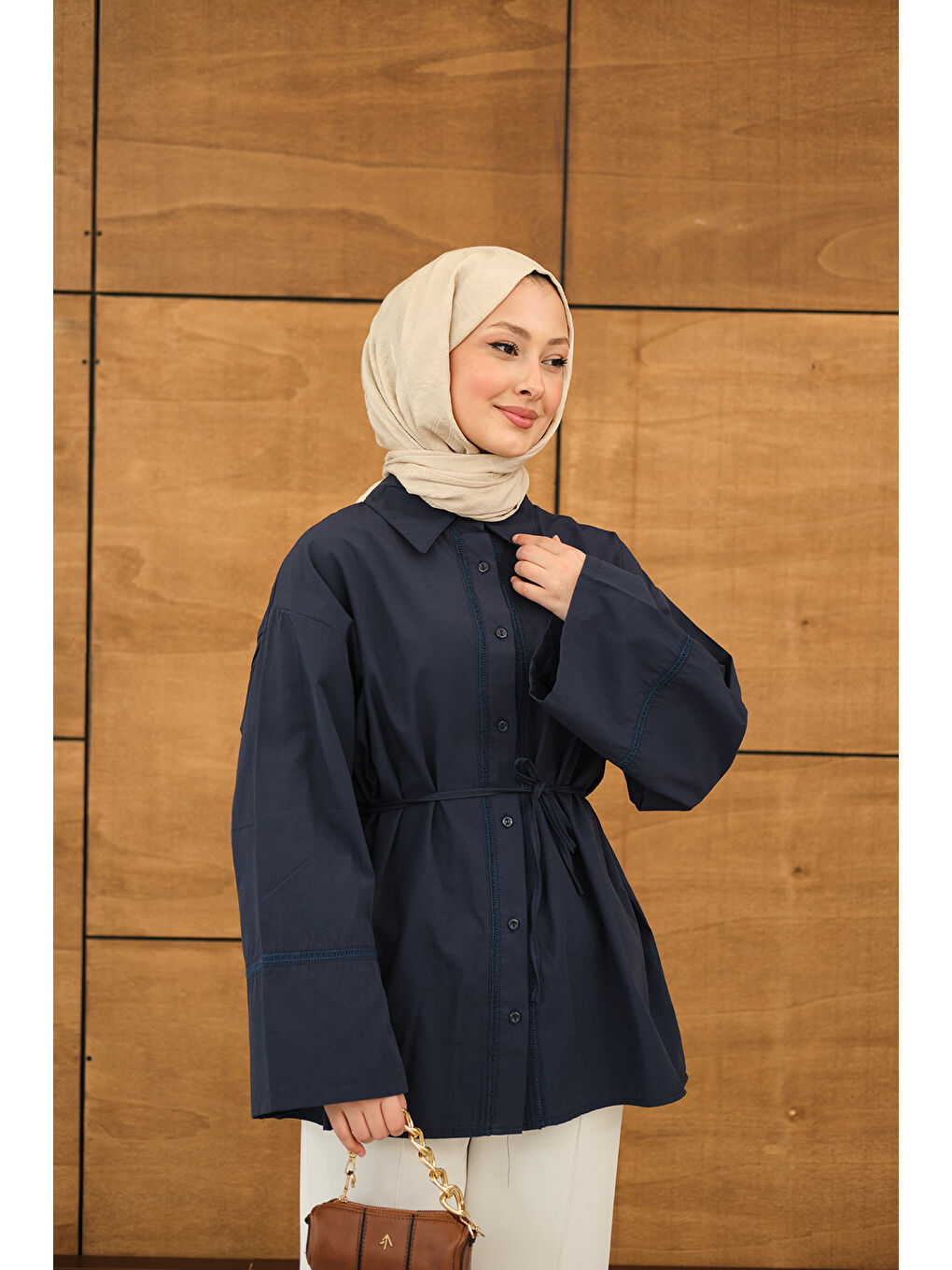 Kadın Dantel Detay Bel Bağlamalı Gömlek Lacivert-3