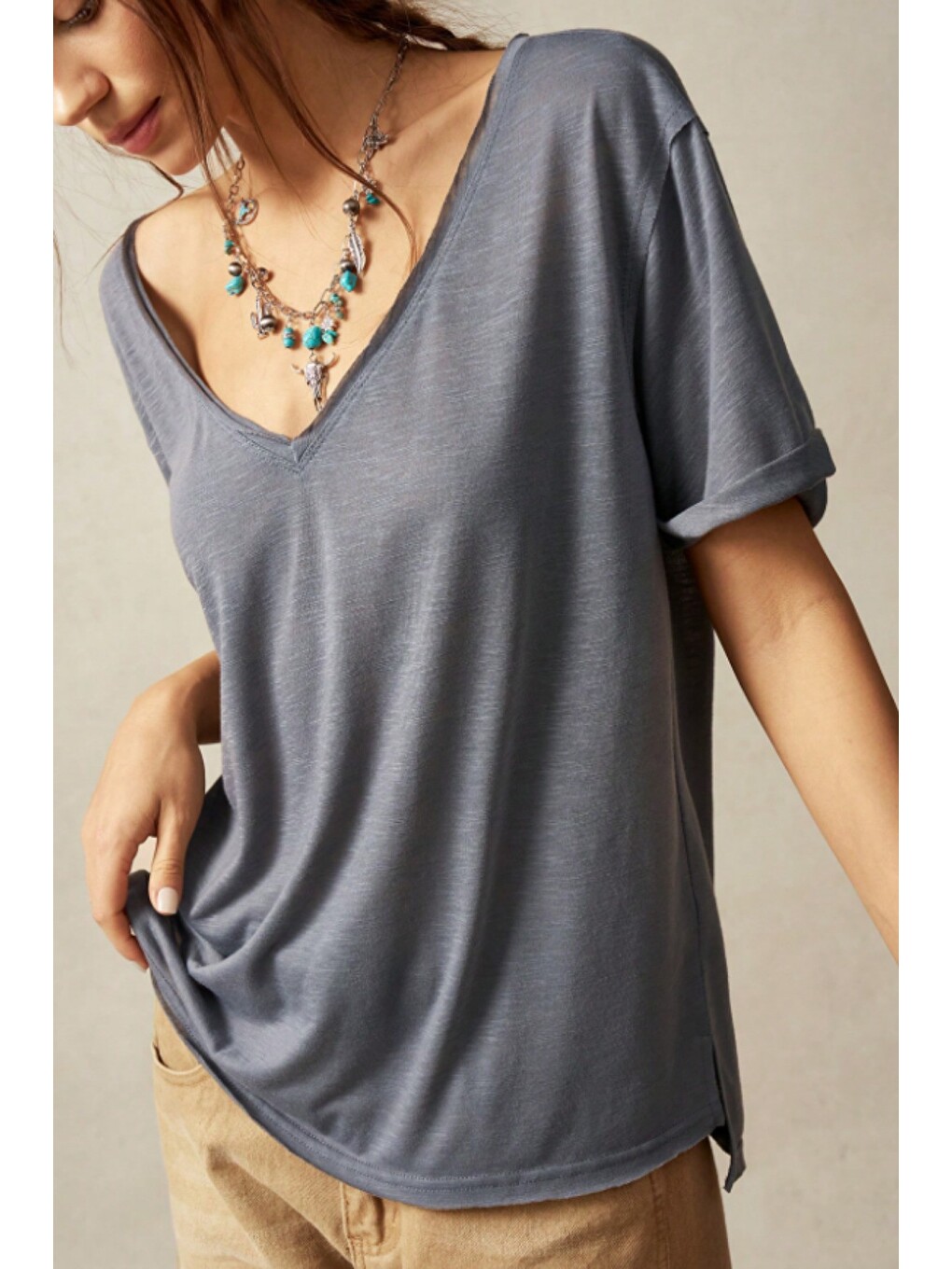 Antrasit Kadın Lacivert Oversize-Salaş V Yaka Basic Tişört-1