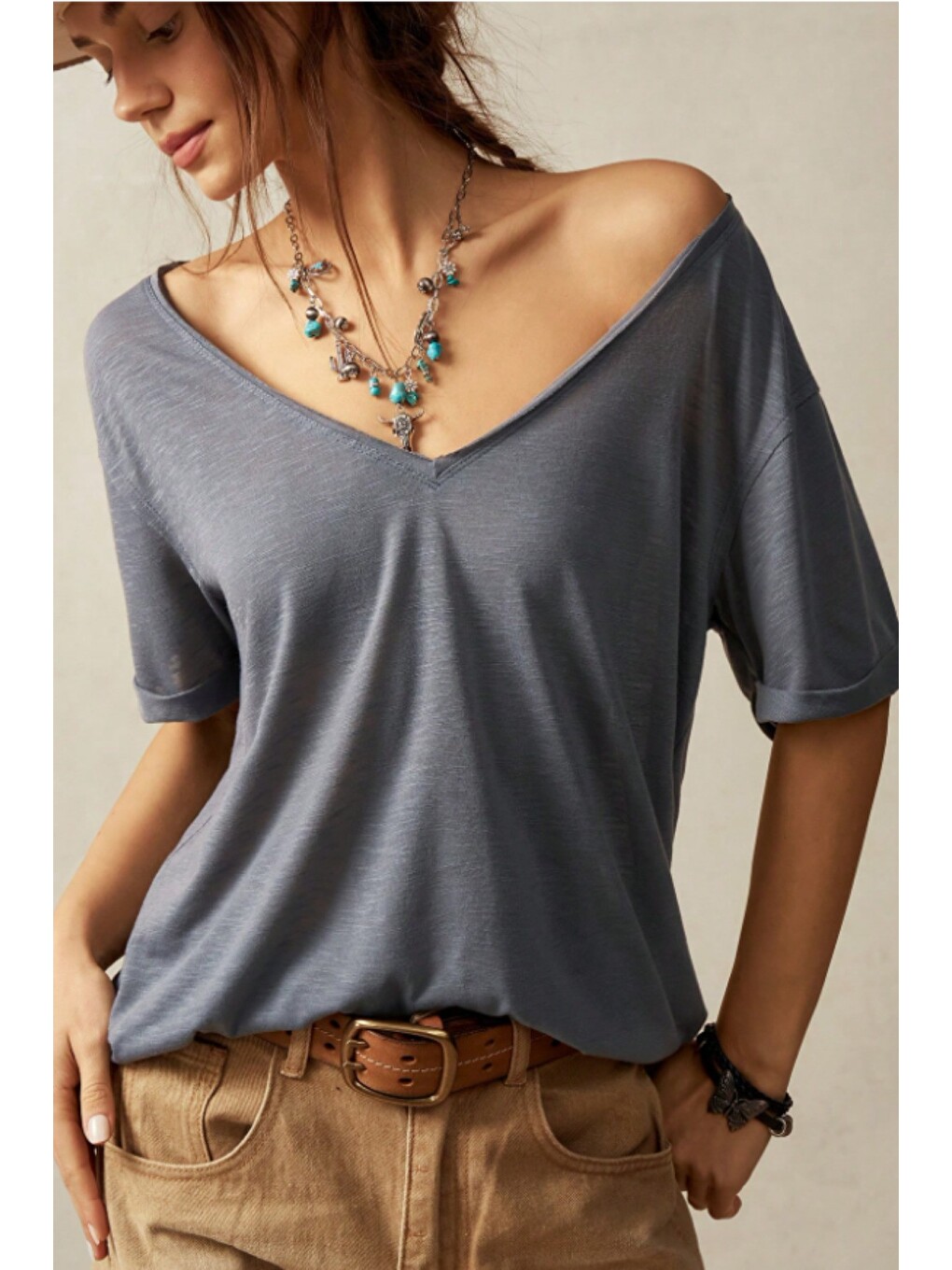Antrasit Kadın Lacivert Oversize-Salaş V Yaka Basic Tişört-3