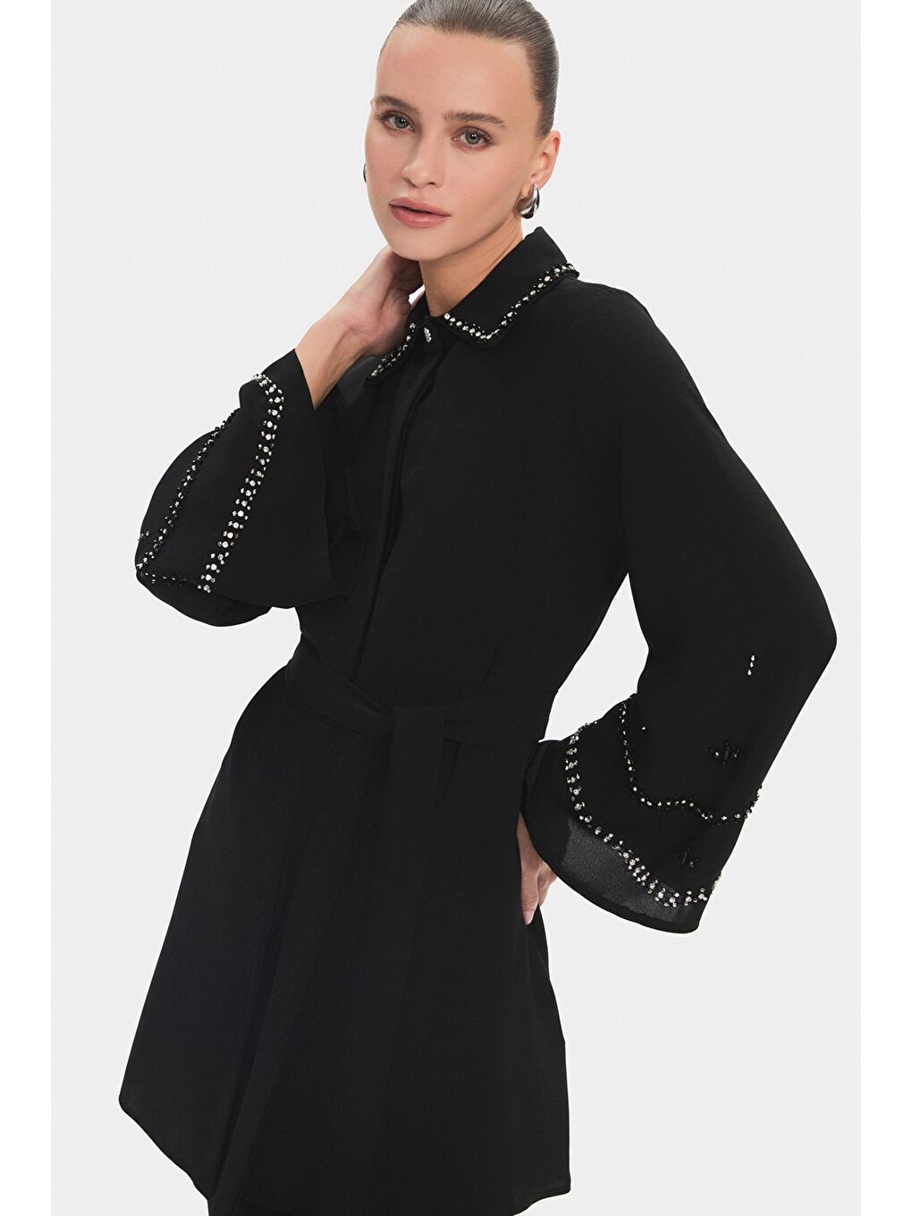 Siyah Kadın Işleme Detaylı Gömlek Pantolon Takım-1