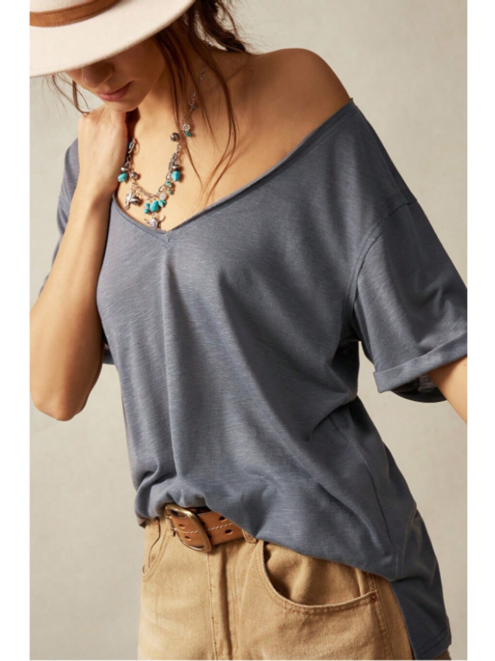 Antrasit Kadın Lacivert Oversize-Salaş V Yaka Basic Tişört-4