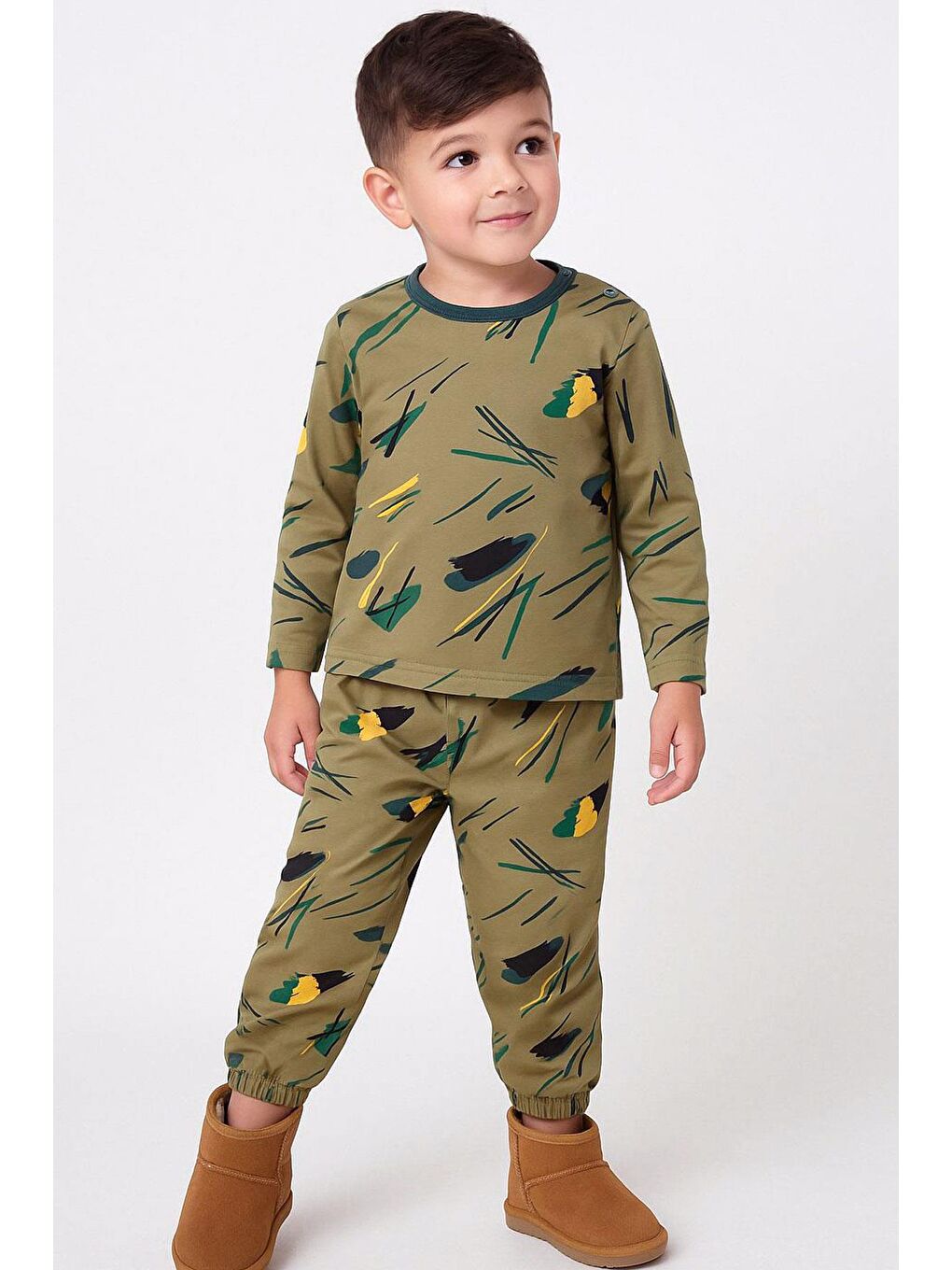 Erkek Bebek Pijama Takımı Renkli Fırça Vuruşu Haki Yeşil (9 Ay-3 Yaş)
