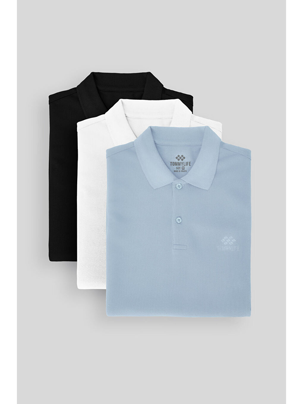 Standart Fit Basic Polo Yaka 3'lü Paket Siyah-Beyaz-Buz Mavi Erkek Tişört 87748-1