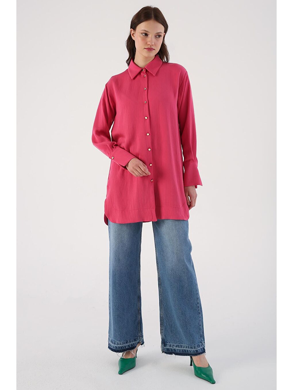 Fuşya Yanları Yırtmaçlı Metal Düğmeli Gömlek Tunik-4