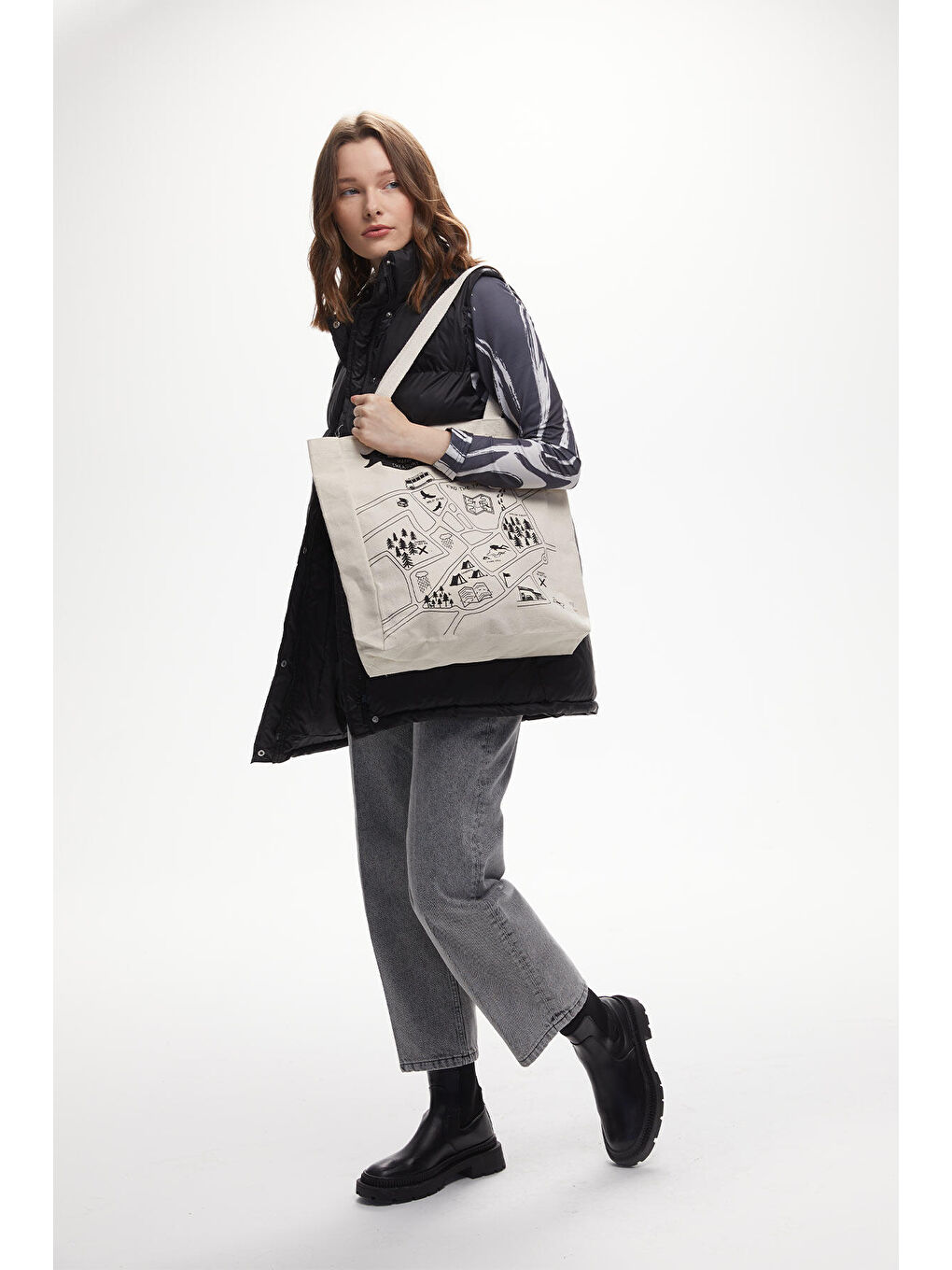 Gri Baskılı Körüklü Bez Çanta Map-2