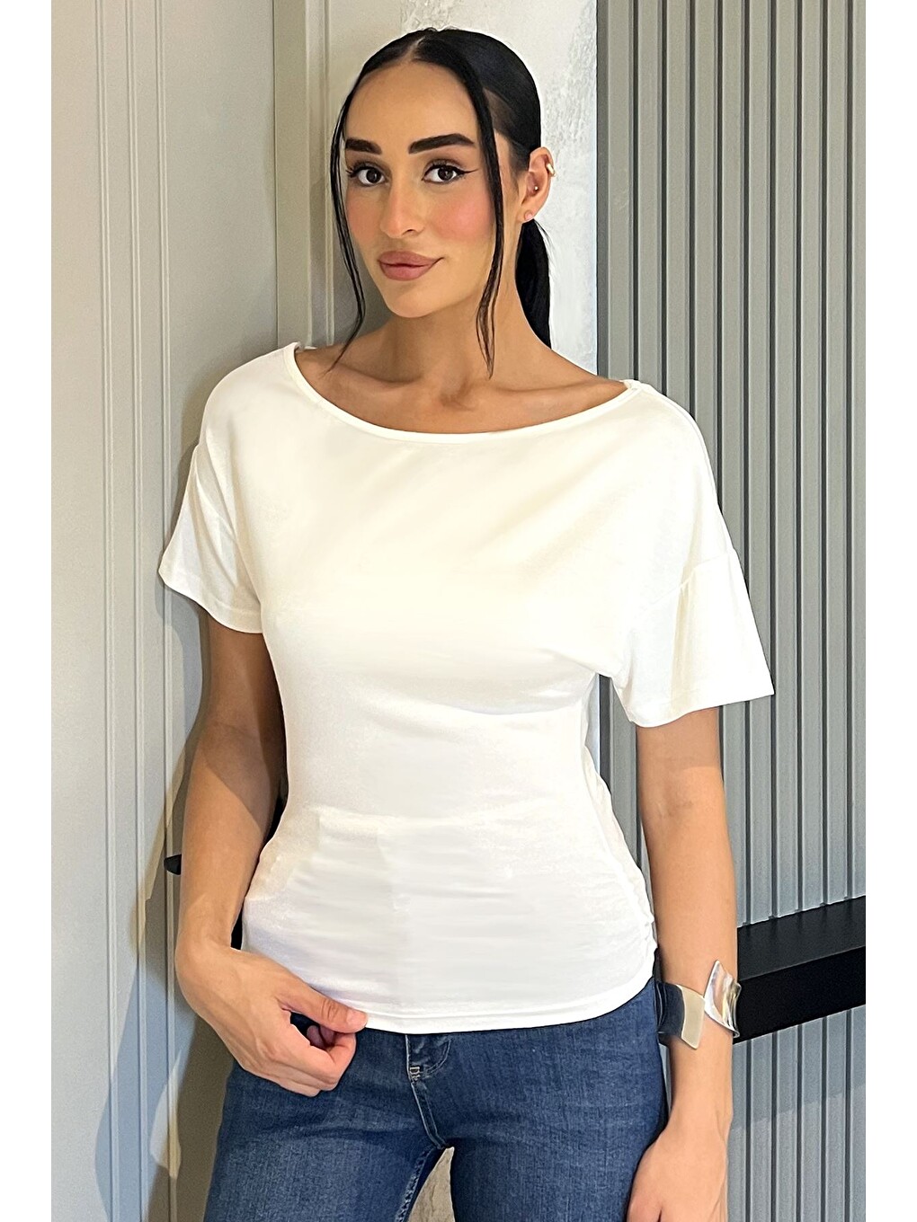 Ekru Yan Büzgülü Bluz-5