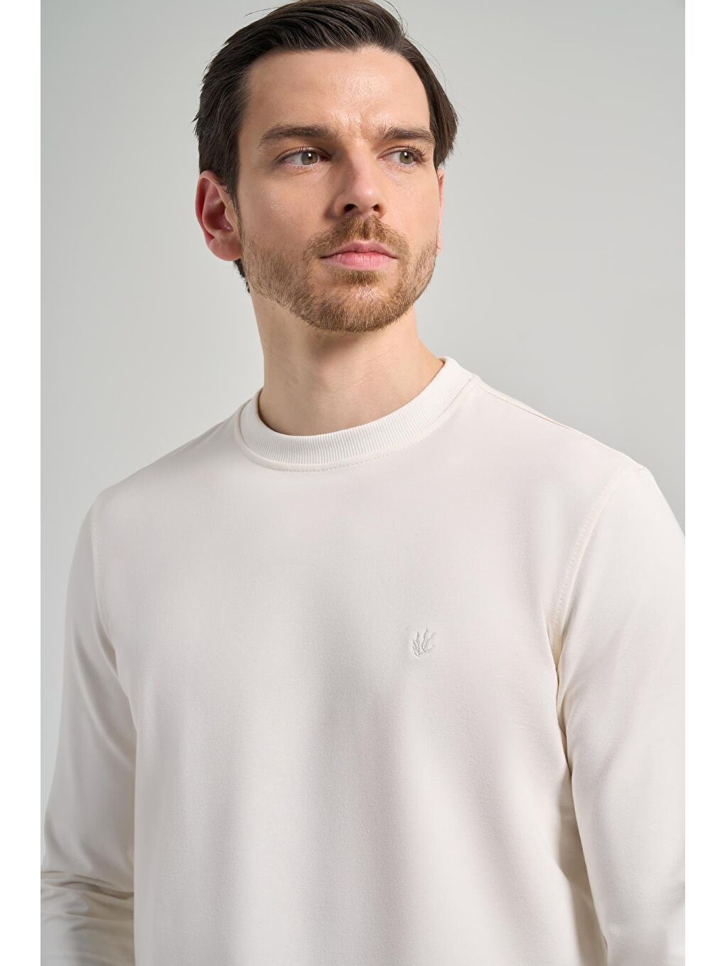İMZA Kahverengi Açık Krem Uzun Kol Düz Örme Bisiklet Yaka Cepsiz Pamuklu Sweatshirt - 3
