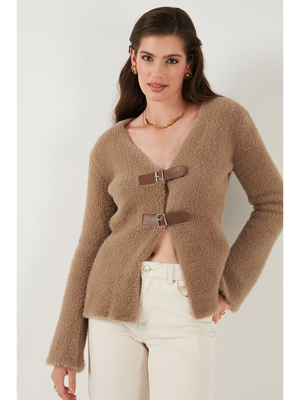 Bej Premium Regular Fit V Yaka Çift Kemerli Pelüş Hırka 680HI00112-5