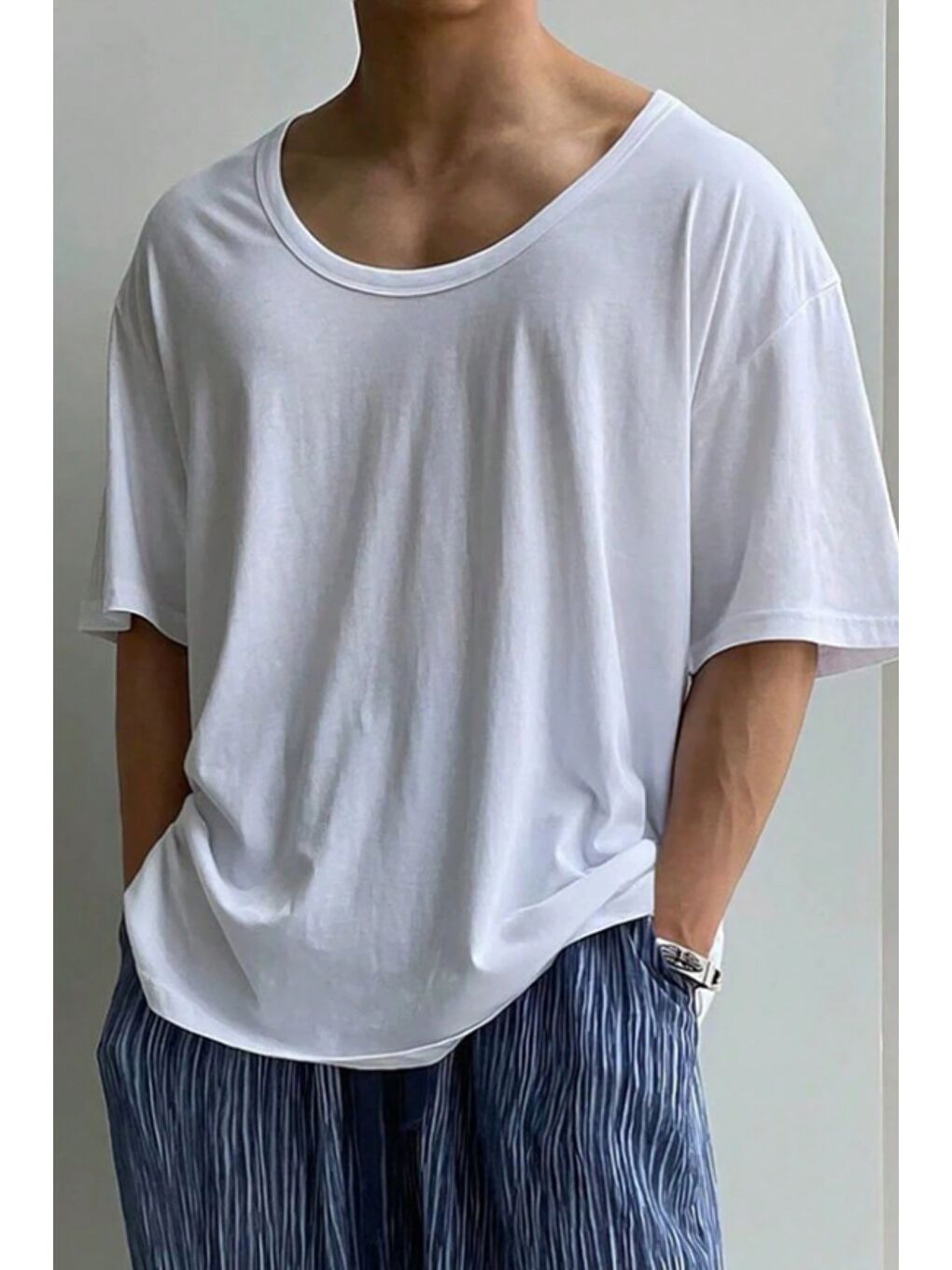 Beyaz Erkek Oversize Tişört Bisiklet Yaka Basic Salaş Kesim Günlük Casual Rahat Yazlık T-Shirt