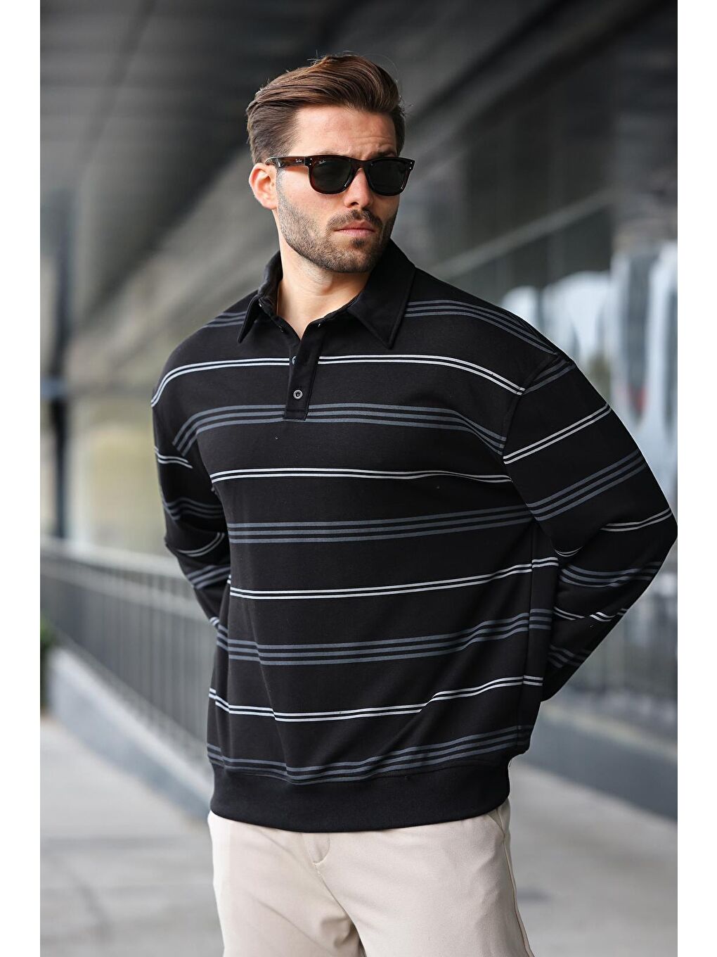 Siyah Çizgili Polo Yaka Erkek Sweatshirt E7172
