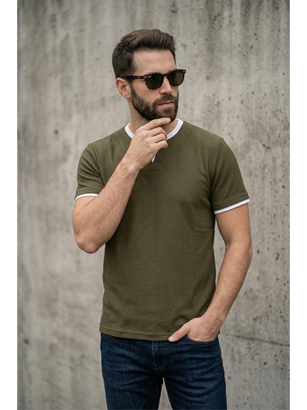 Haki Prey Vaffle Dokulu Çift Yaka Görünümlü Slim Fit Erkek Tişört-1