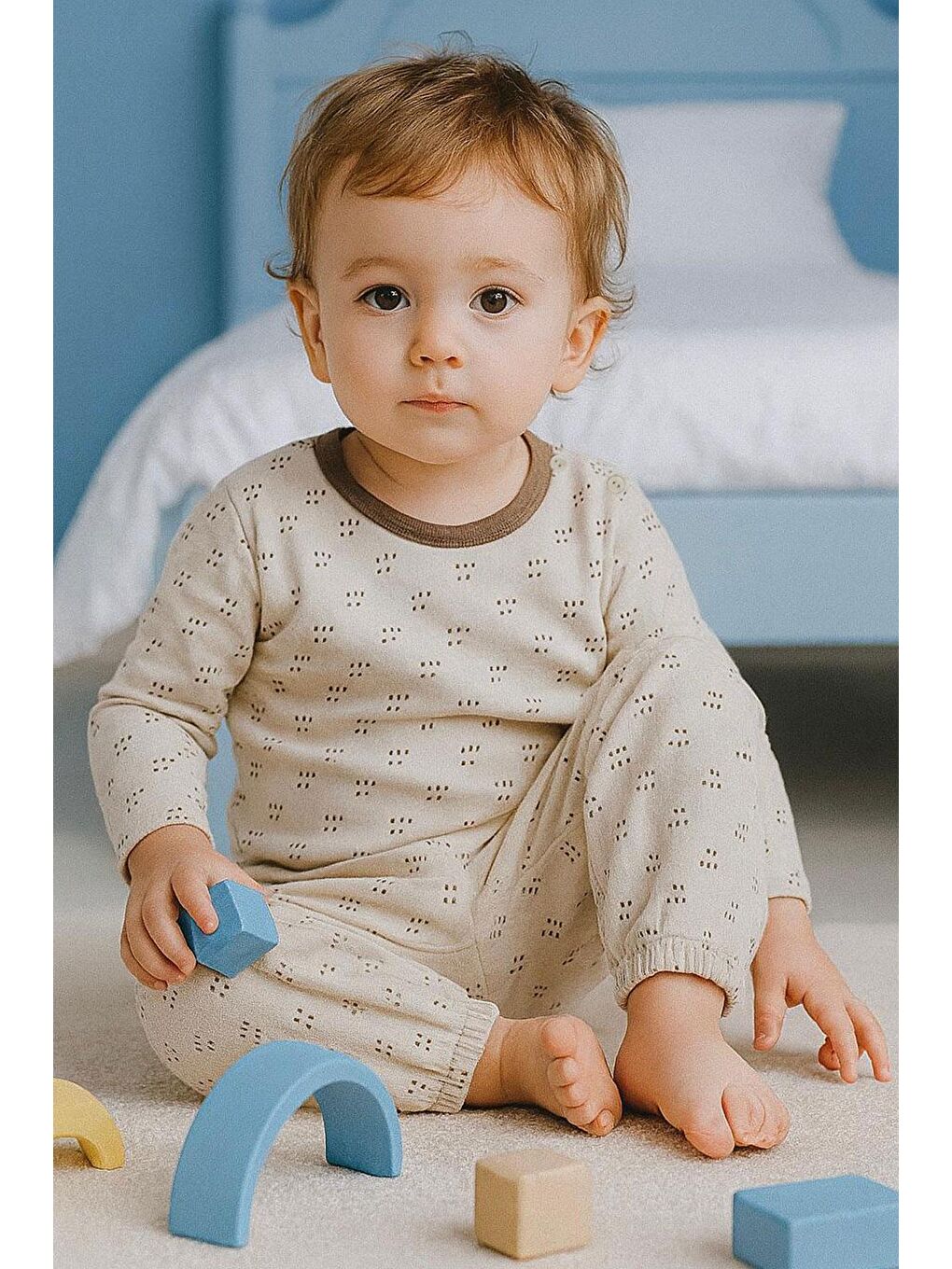 Erkek Bebek Pijama Takımı Desenli Beli Lastikli Bej (9 Ay-3 Yaş)