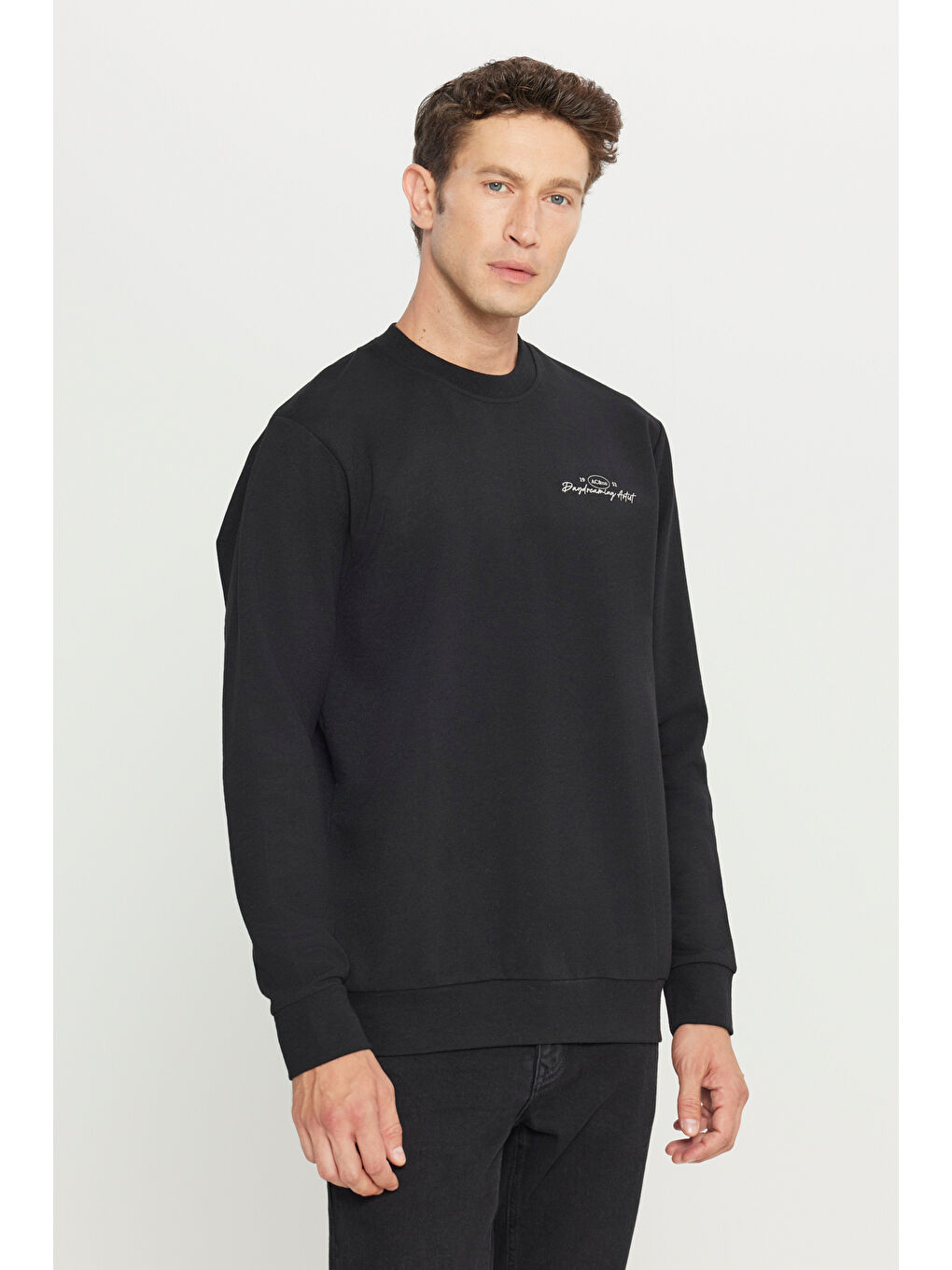 Erkek Siyah 2 İplik Pamuklu Standart Fit Normal Kesim Rahat Bisiklet Yaka Sweatshirt-3