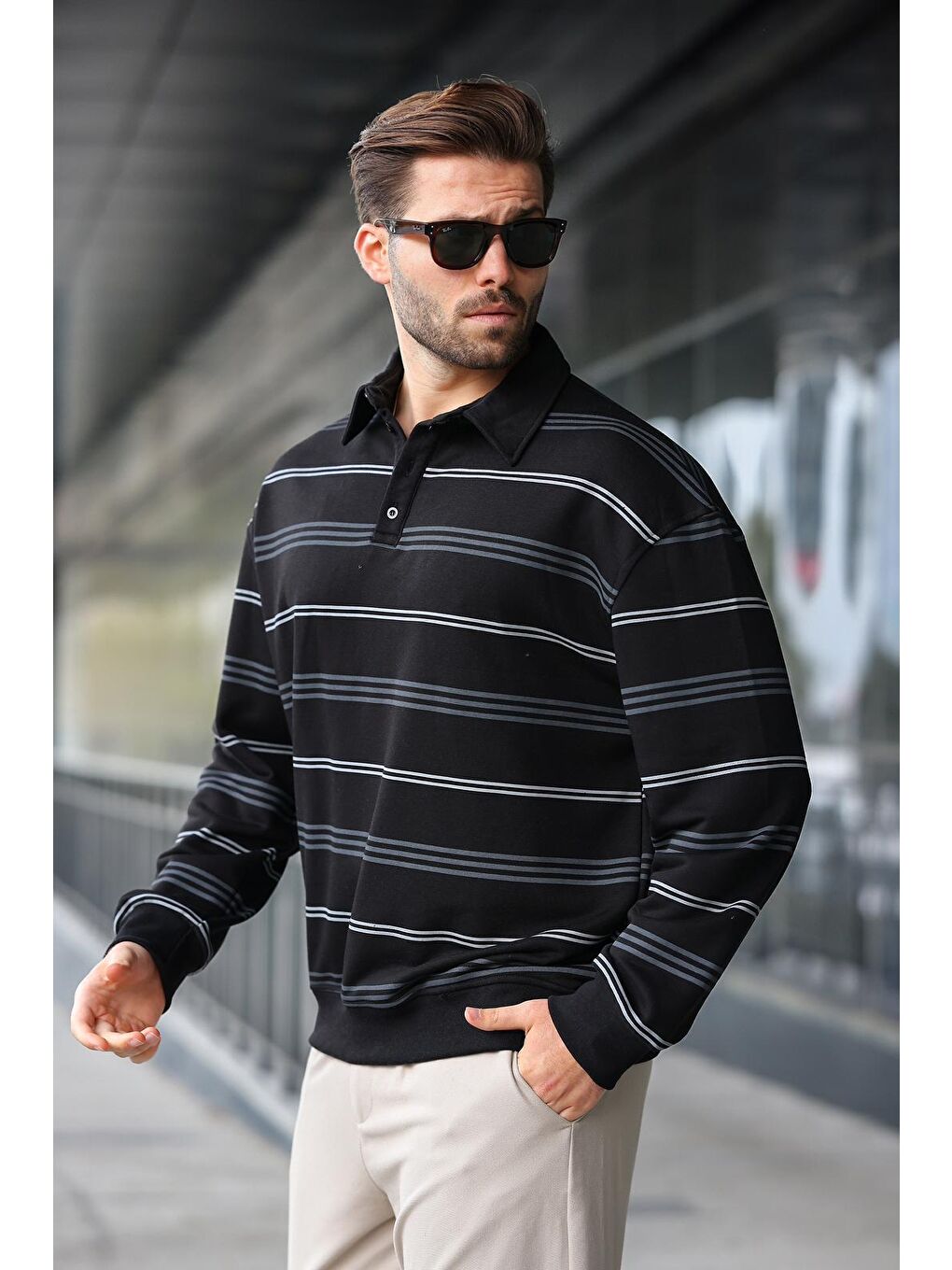 Siyah Çizgili Polo Yaka Erkek Sweatshirt E7172-1