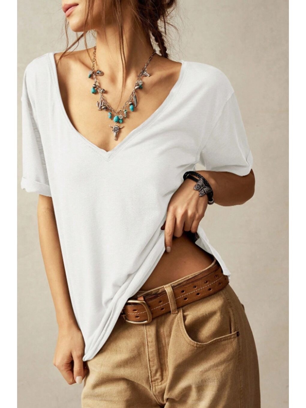 Beyaz Kadın Lacivert Oversize-Salaş V Yaka Basic Tişört-1