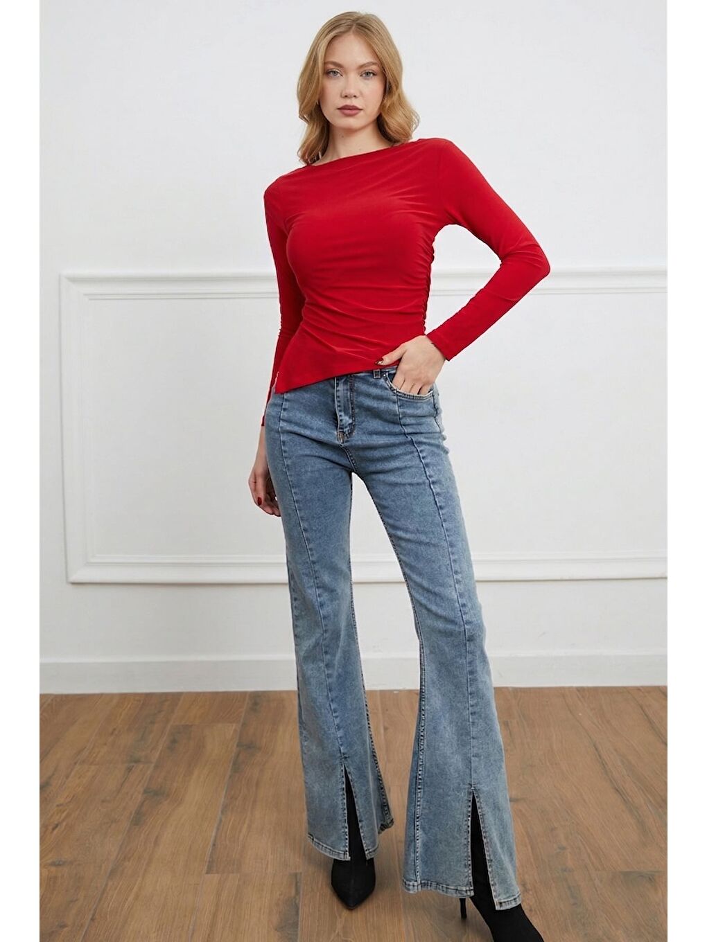 Kırmızı Leopar Desenli Drapeli Dik Yaka Bluz-1