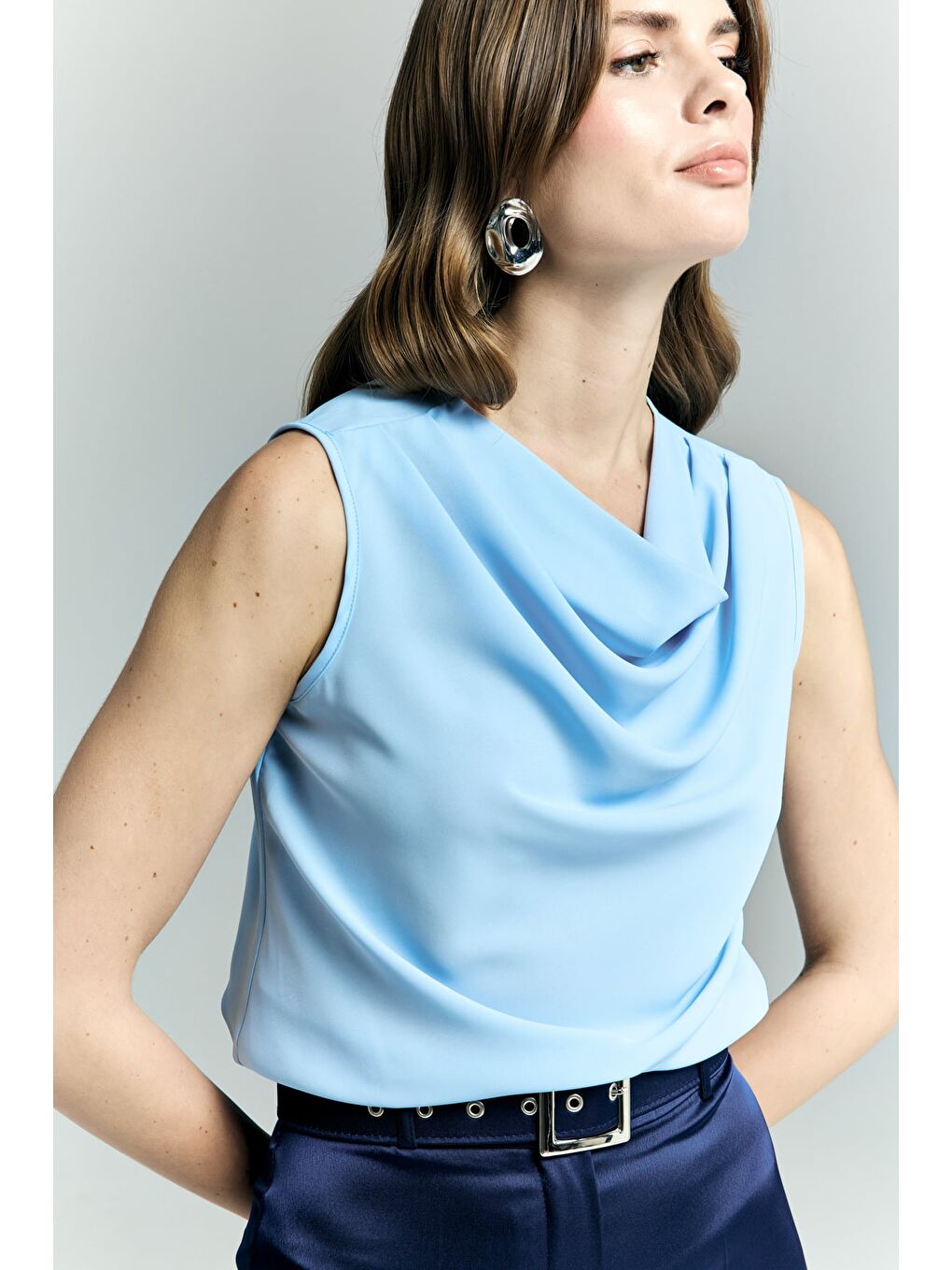 Degaje Yaka Kolsuz Bluz - Mavi-5