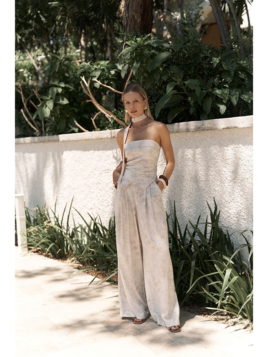 Bhioctoria Bej Straplez Crop Pantolon Takım-1