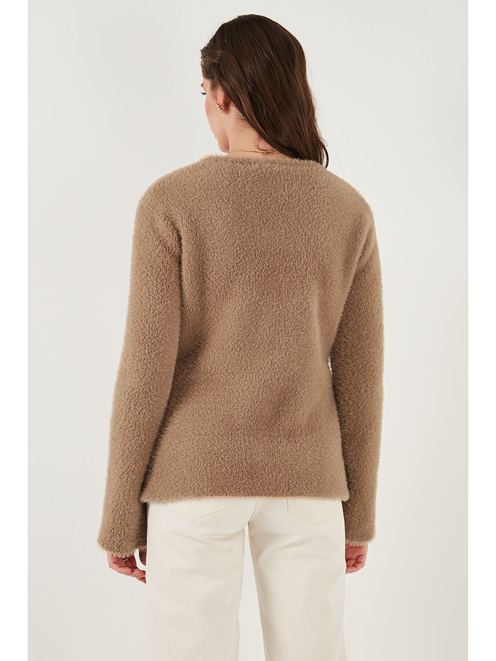 Bej Premium Regular Fit V Yaka Çift Kemerli Pelüş Hırka 680HI00112-6