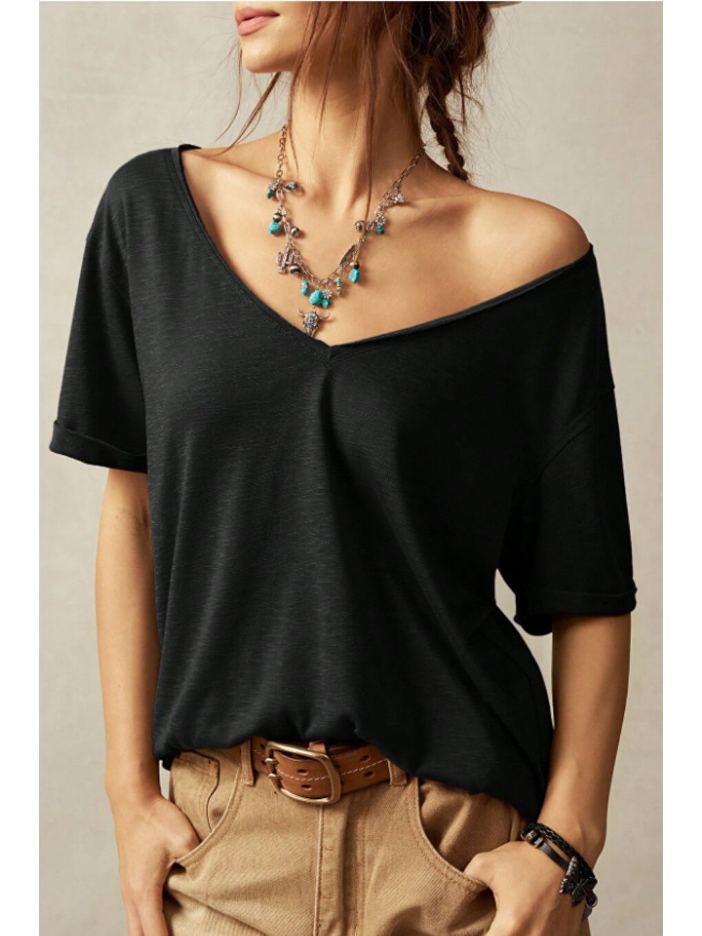 Siyah Kadın Lacivert Oversize-Salaş V Yaka Basic Tişört