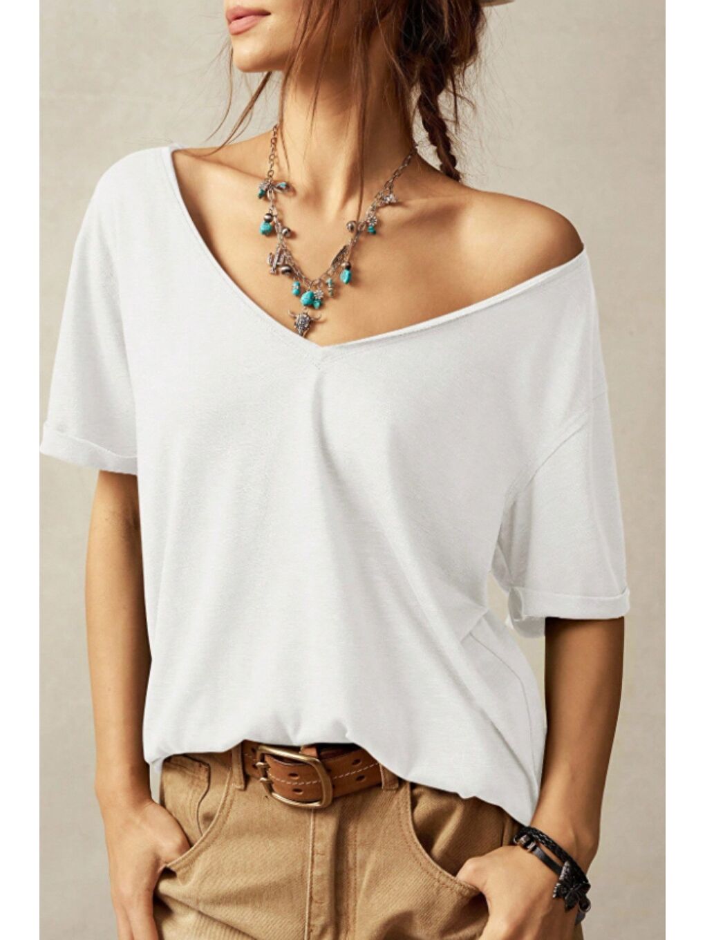 Beyaz Kadın Lacivert Oversize-Salaş V Yaka Basic Tişört-2